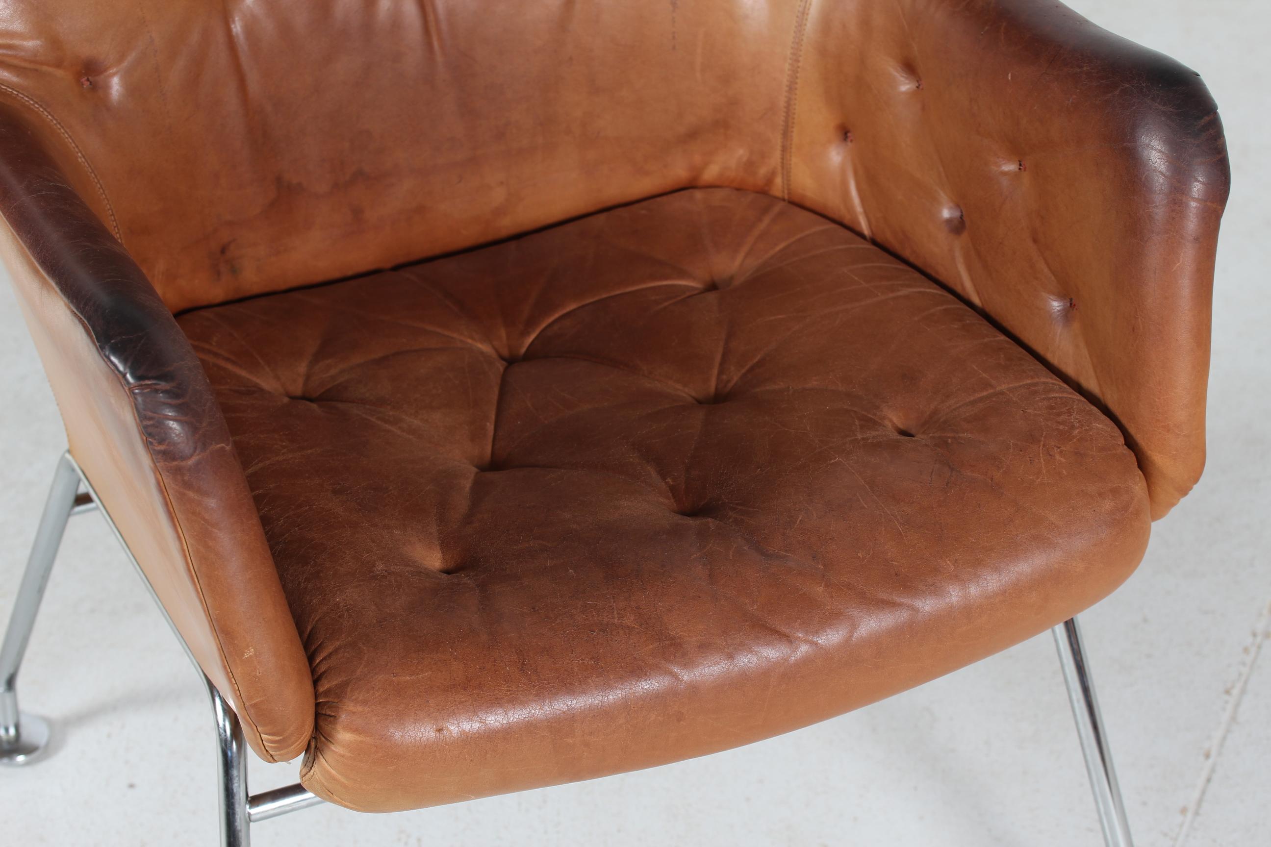 Mirja Dux Easy Chair Cognac Colored Leather Cushions Scandinavian Modern 1970s For Sale 2
