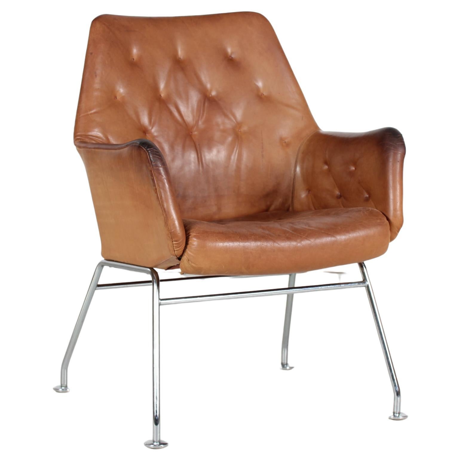 Mirja Dux Easy Chair Cognacfarbene Lederkissen Skandinavische Moderne 1970er Jahre