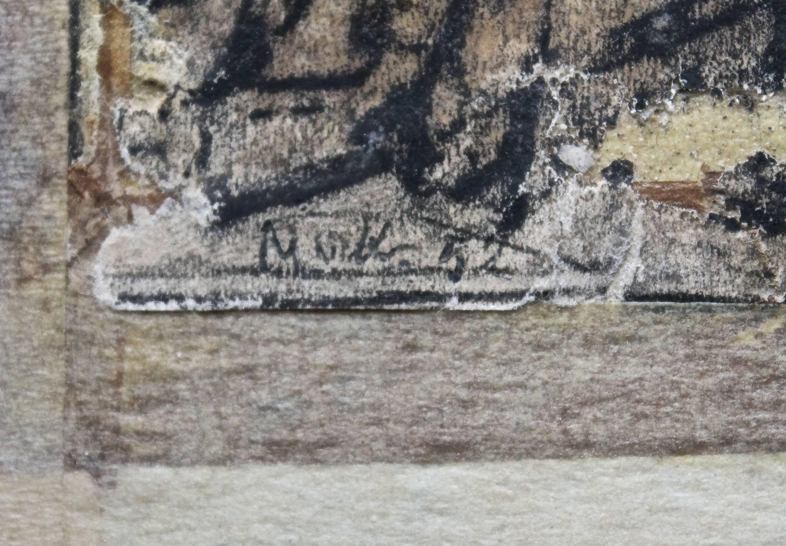 Brutaliste, impression abstraite à l'encre sur papier calque, masquage collé au dos d'une feuille de papier bond. Signé et daté 1952 en bas à gauche. Taille de l'image : 7 3/4