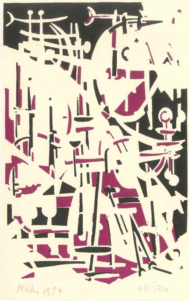 Abstract Print Mirko Basaldella - Invitation avec lithographie  - Lithographie de Mirko Balsaldella - 1952