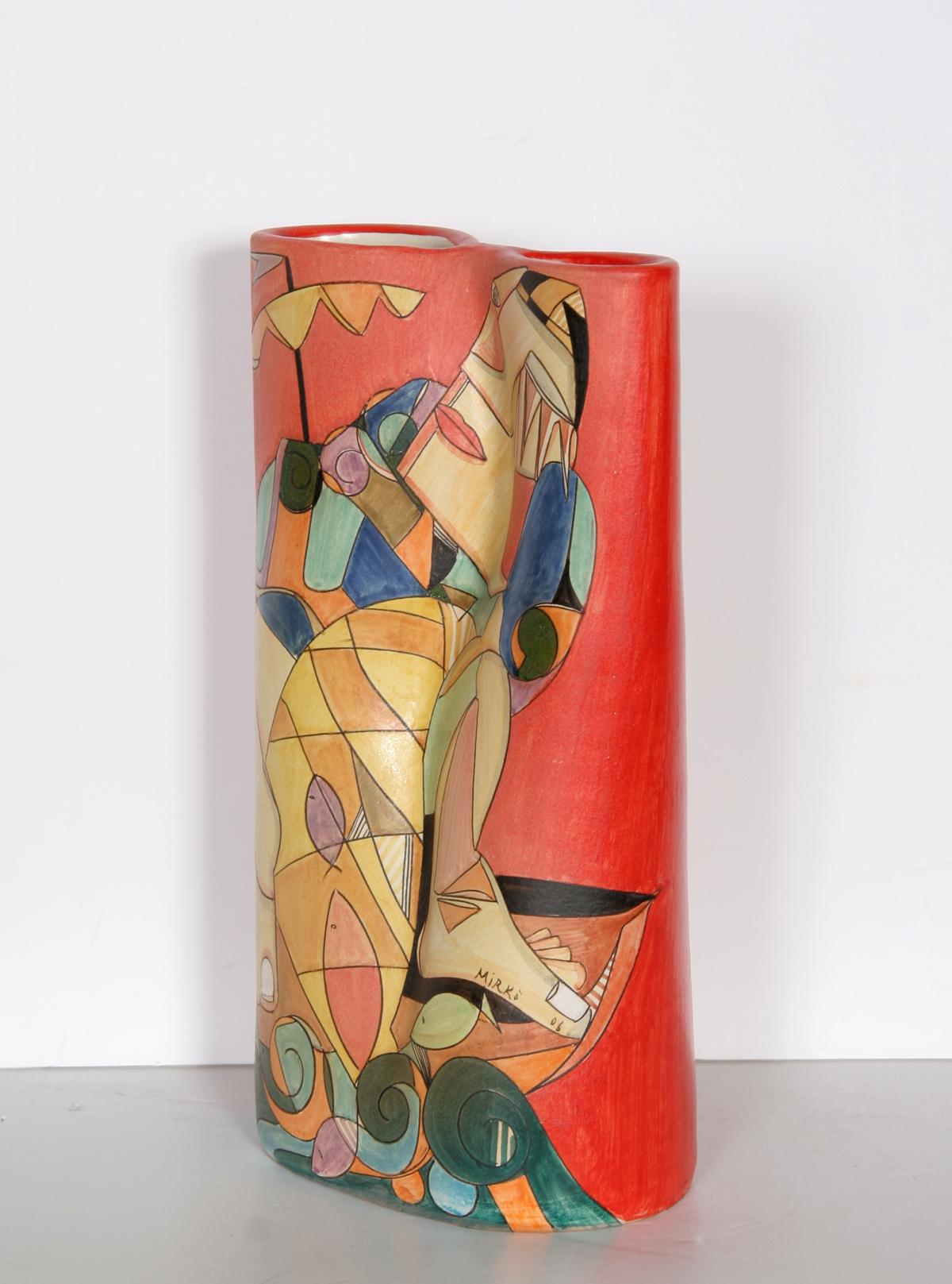 Fisherman II, Unique Painted Terracotta Vase by Mirko - Sculpture by Mirko Guida