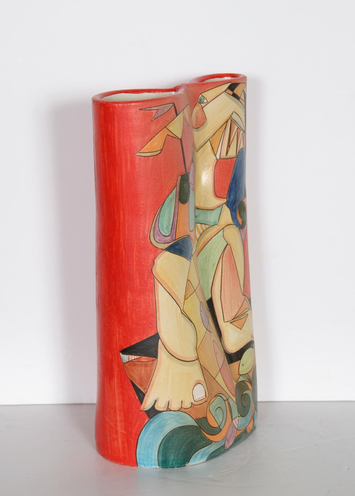 Fisherman II, Unique Painted Terracotta Vase by Mirko - Contemporary Sculpture by Mirko Guida