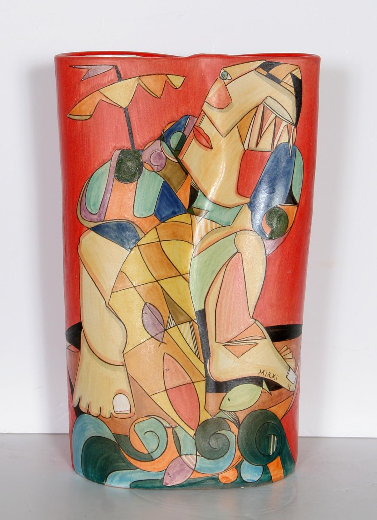 Mirko Guida Figurative Sculpture - Fisherman II, Unique Painted Terracotta Vase by Mirko