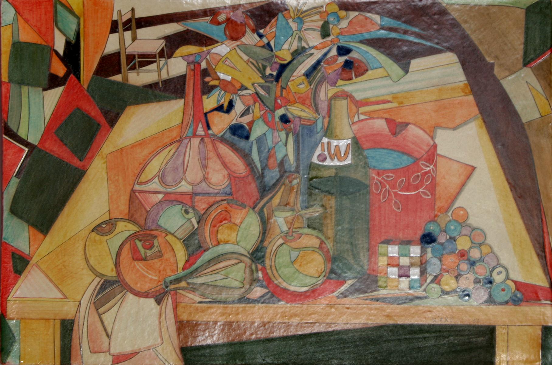 Still-Life Sculpture de Mirko Guida - Bodegón de fruta y cubo Rubix, placa de terracota pintada a mano por Mirko