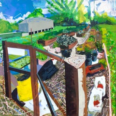 "Garden on Mars" original acrylic on panel, bright, urban farm, by Miro Hoffmann