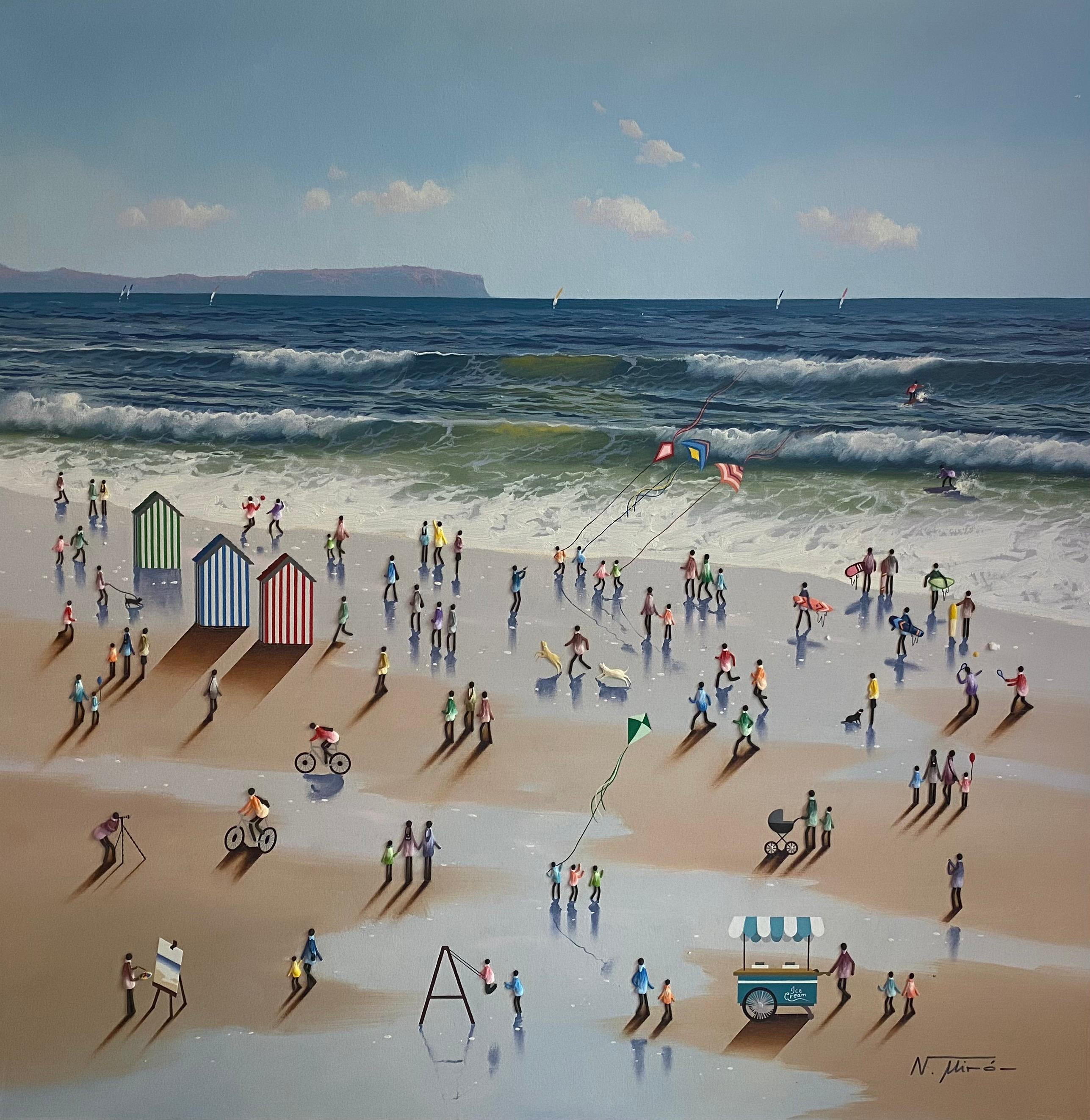 Landscape Painting di Miro - 'Beach Holiday' Scena contemporanea di spiaggia in 3D con figure, onde, sabbia e cielo