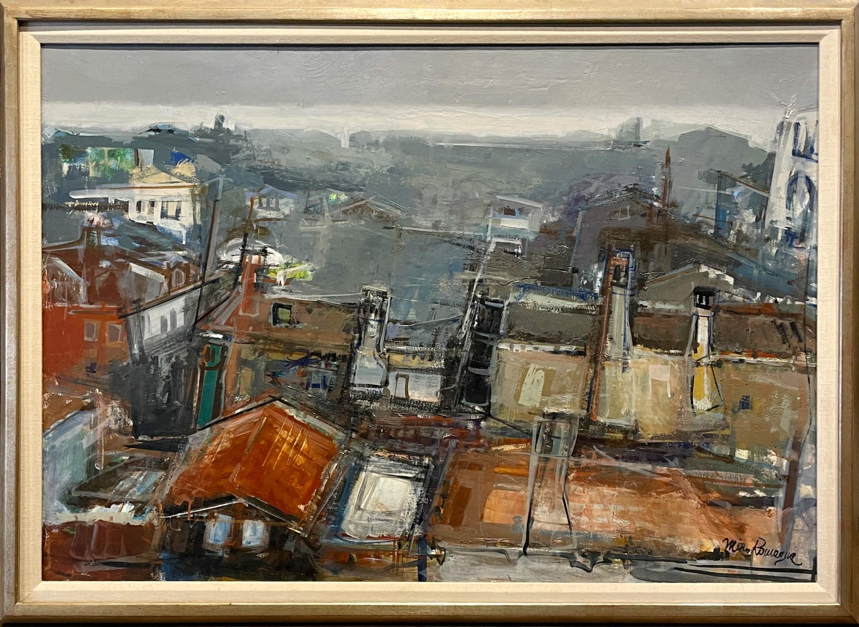 A Large, Mid-Century View of Rooftops by Italian Artist Miro Romagna For Sale 1