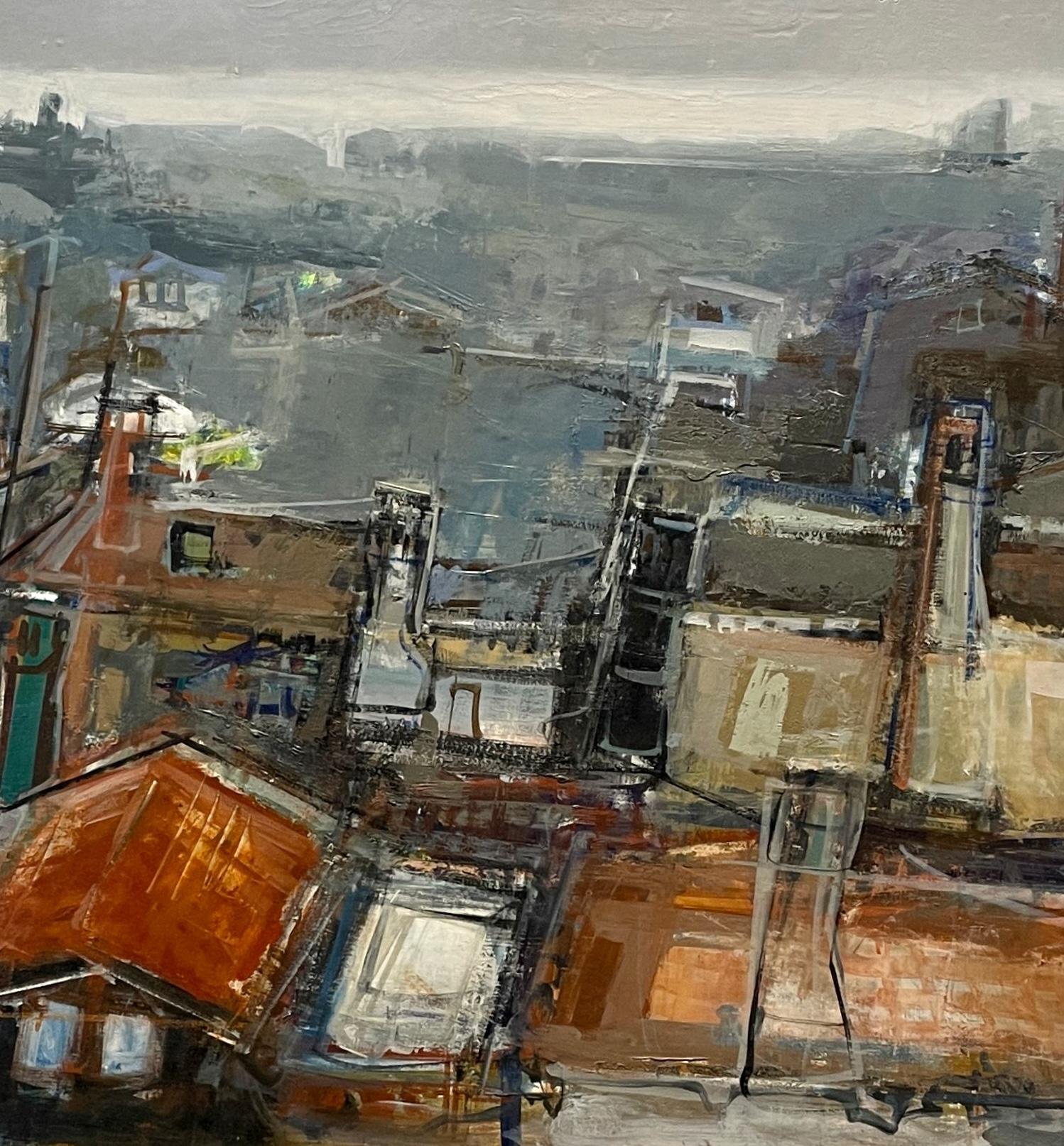 A Large, Mid-Century View of Rooftops by Italian Artist Miro Romagna For Sale 2