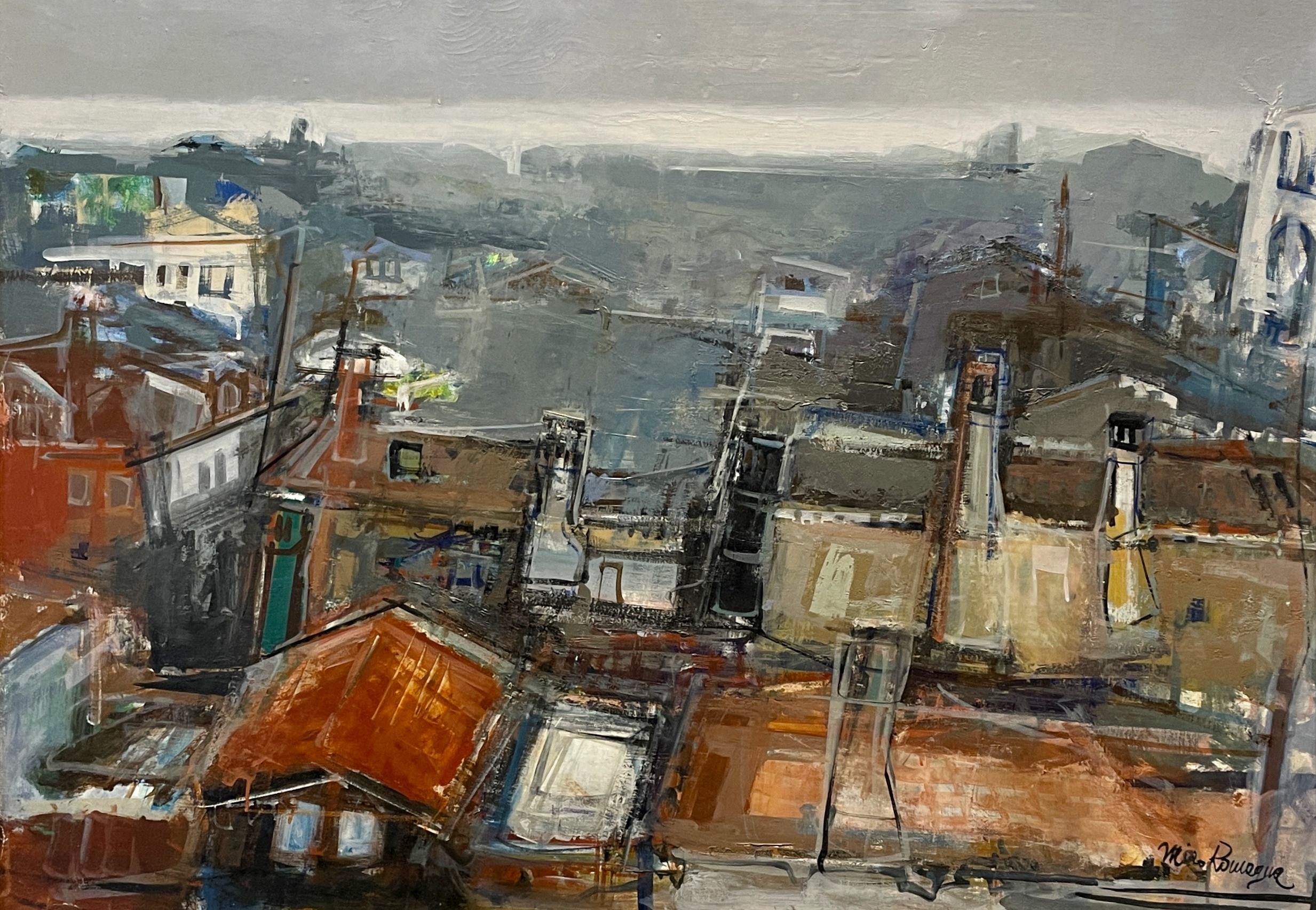 A large, Mid-Century view of rooftops by Italian artist Miro Romagna.  Bring the La Dolce Vita home with you!  Image size:  27" x38 1/2".  Framed size:  30 3/4" x 42 1/2".

Miro Romagna was born in Venice in 1927, he has been part of the Italian