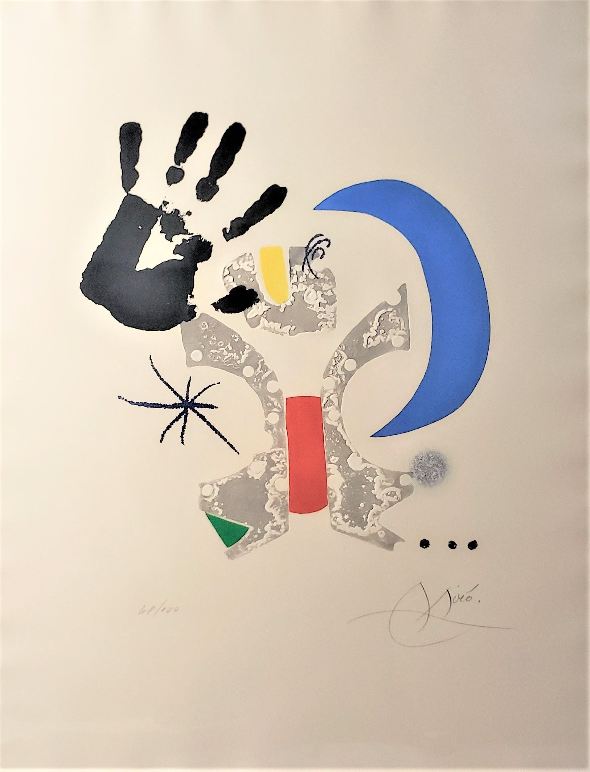 This signed and numbered lithograph was done by the renowned Joan Miro of Spain, and dates to 1976 and done in his Abstract Modernist style. This large lithograph is titled 