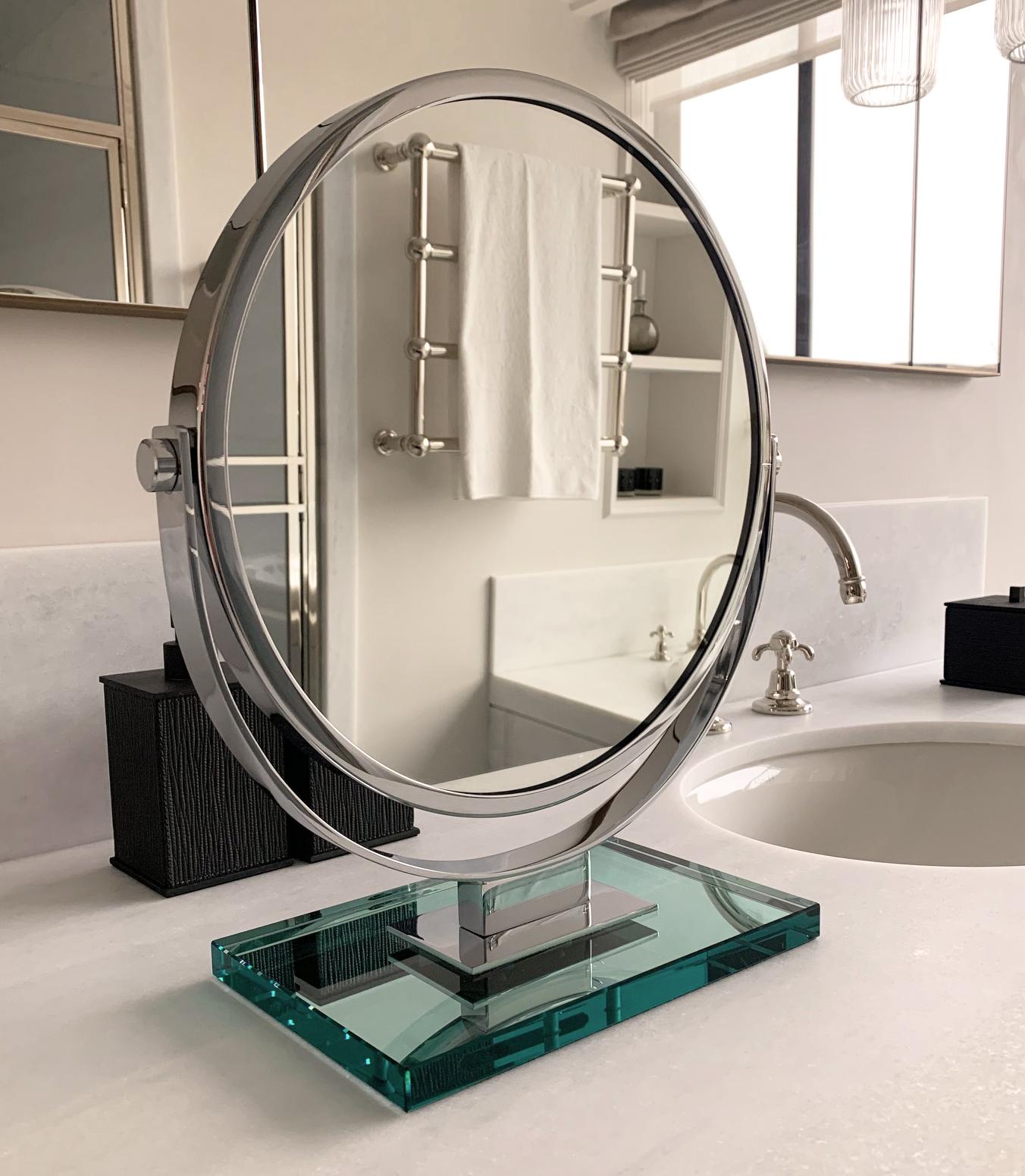 Circular polished Nickel vanity mirror on a thick polished glass rectangular by Miroir Droit. This model is from the 'Prestige' collection.