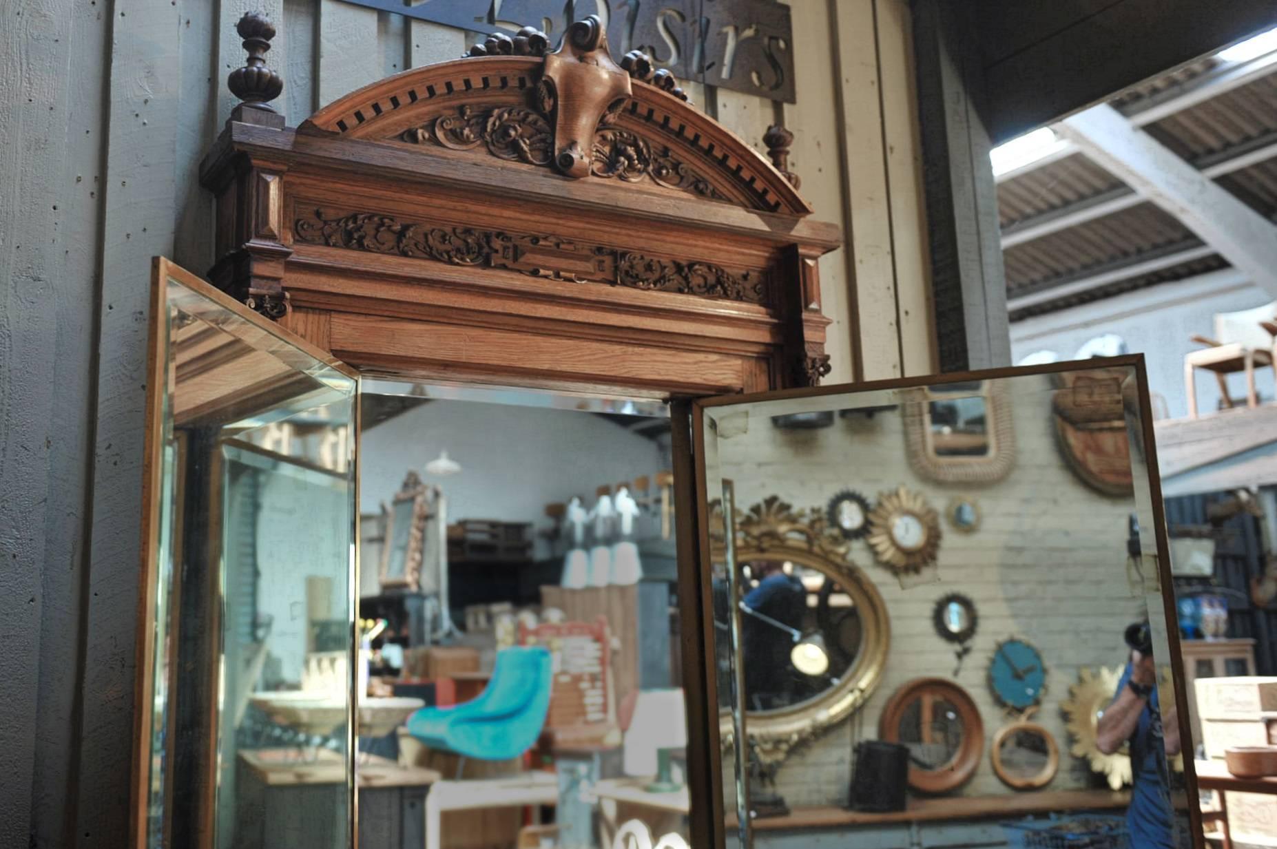 Early 20th Century Miroir Brot French Triptyque Floor Mirror Solid Oak and Brass Door, circa 1900
