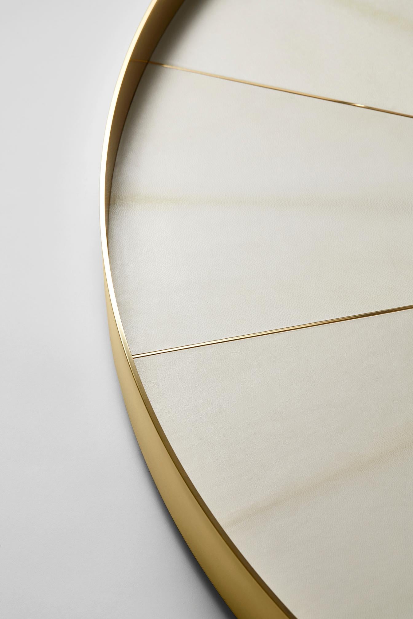 French Round Mirror Saint Germain in Parchment and Polished Brass by Hervé Langlais For Sale