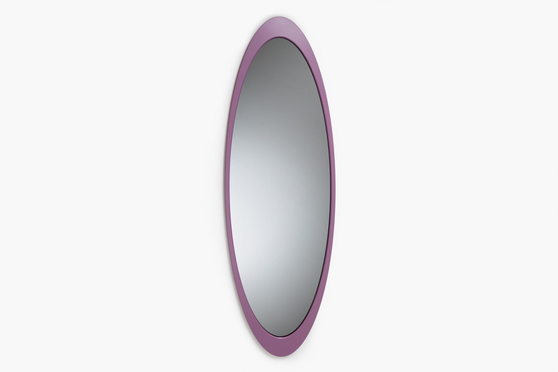 Mirooo large mirror by Moure Studio
Dimensions: D 140 x H 45 cm
Materials: Smoked glass and steel.

3 mirrors in grey smoked glass and coloured steel in different colours.
Together, these mirrors give a strong look to an interior.
Their