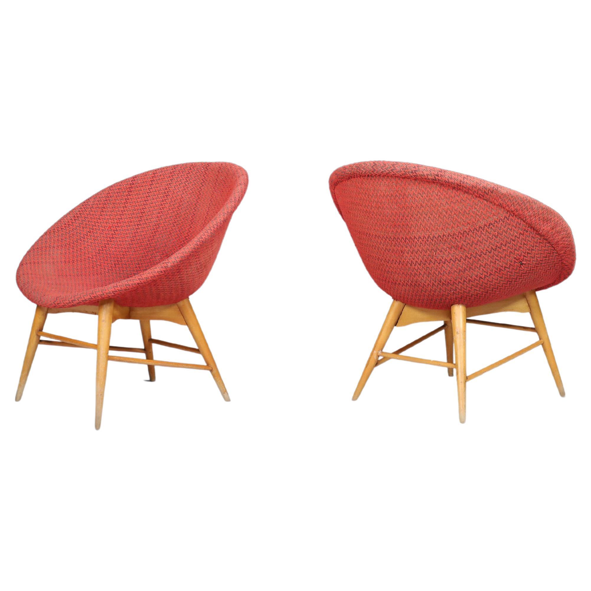 Miroslav Navratil Basket Chairs in Original Red Fabric, 1960 For Sale