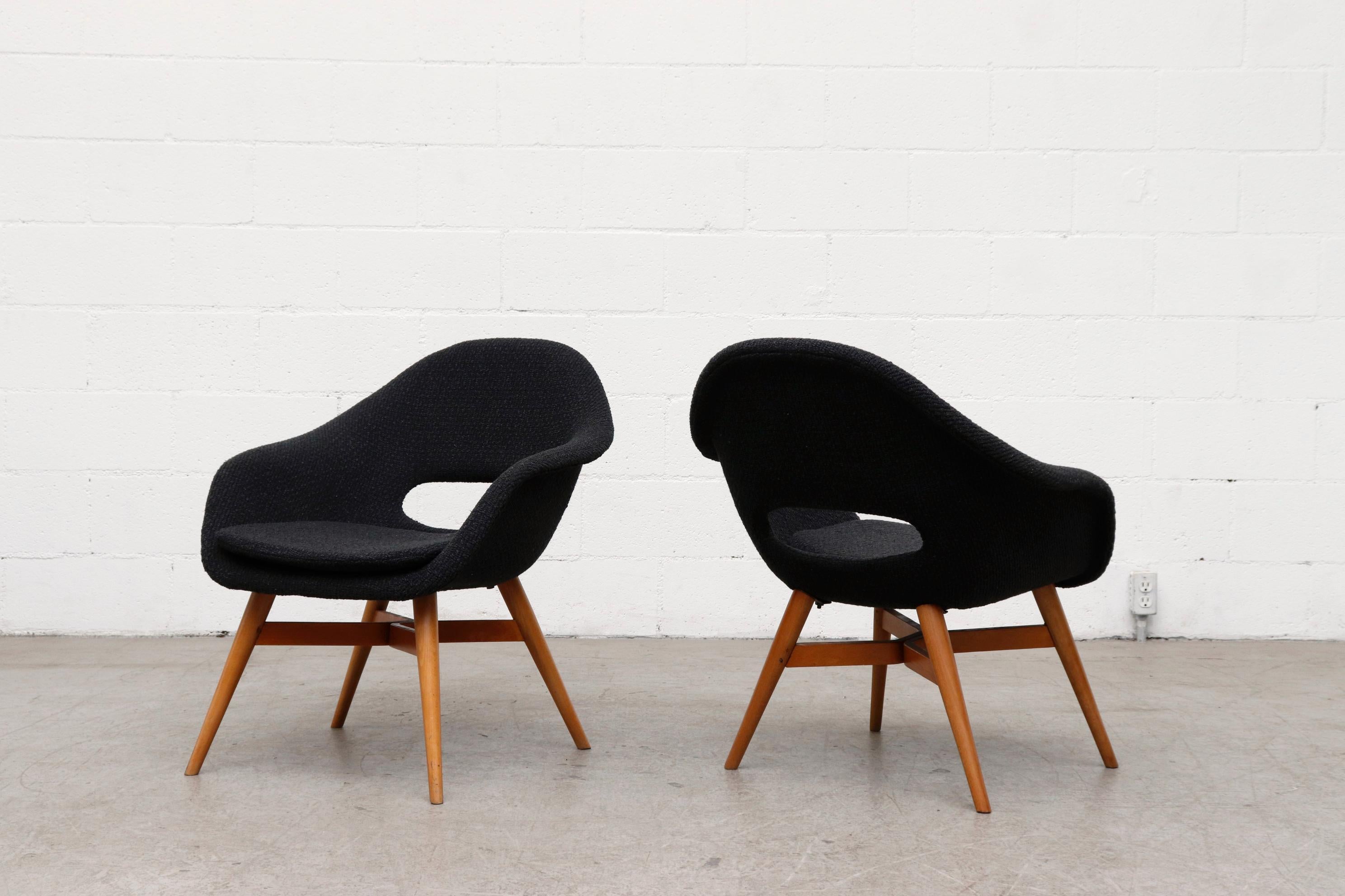Mid-Century Modern Miroslav Navrátil Bucket Lounge Chairs for Vertex in Nubby Black Upholstery For Sale