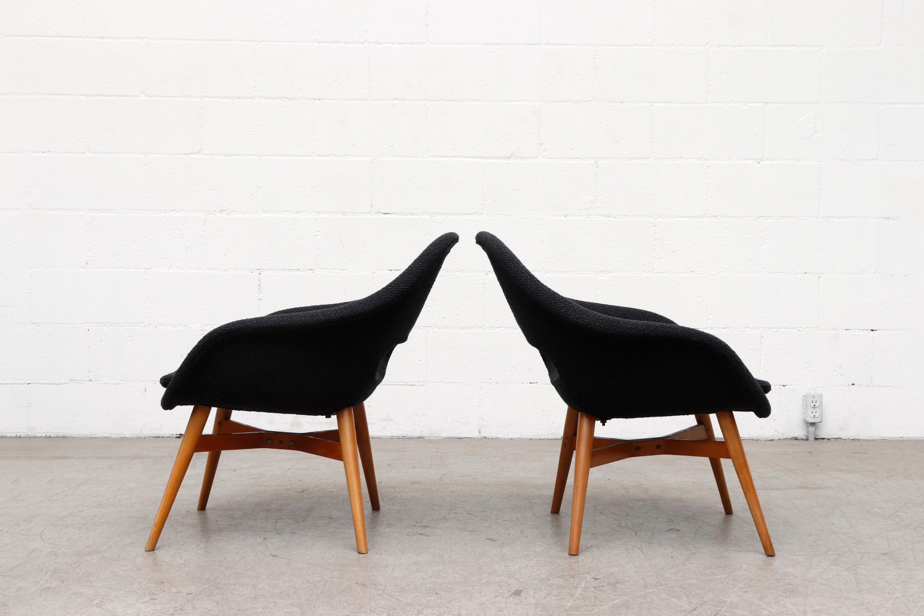Czech Miroslav Navrátil Bucket Lounge Chairs for Vertex in Nubby Black Upholstery For Sale