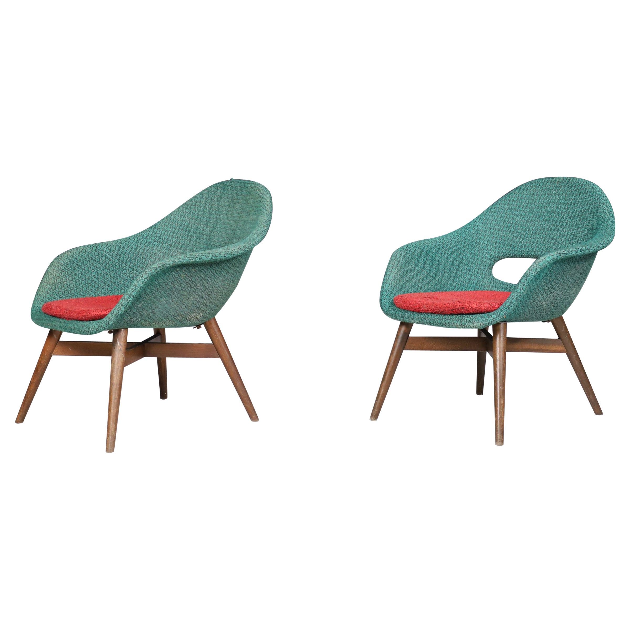Fauteuils Miroslav Navratil en tissu vert et rouge original, 1960