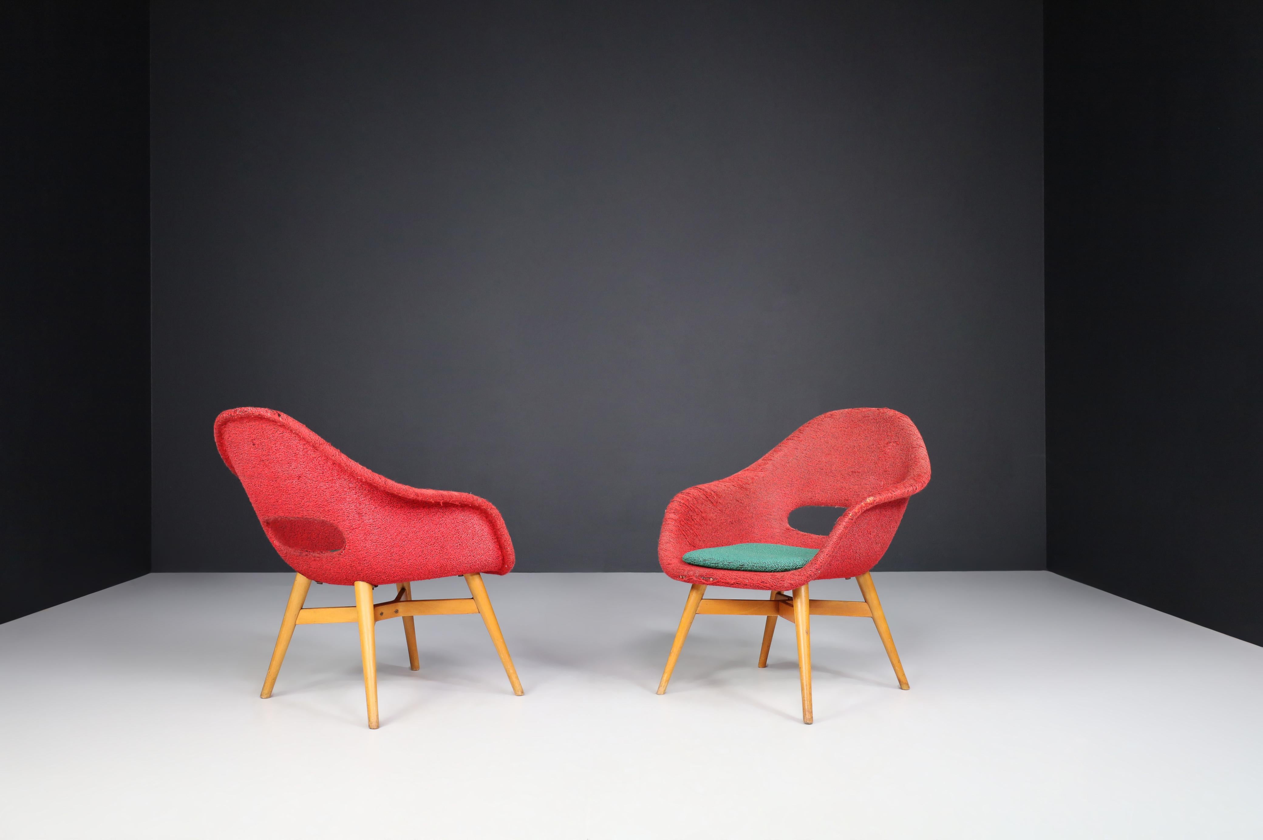 Miroslav Navratil Easy Chairs in Original Red and Green Fabric, 1960.   For Sale 3