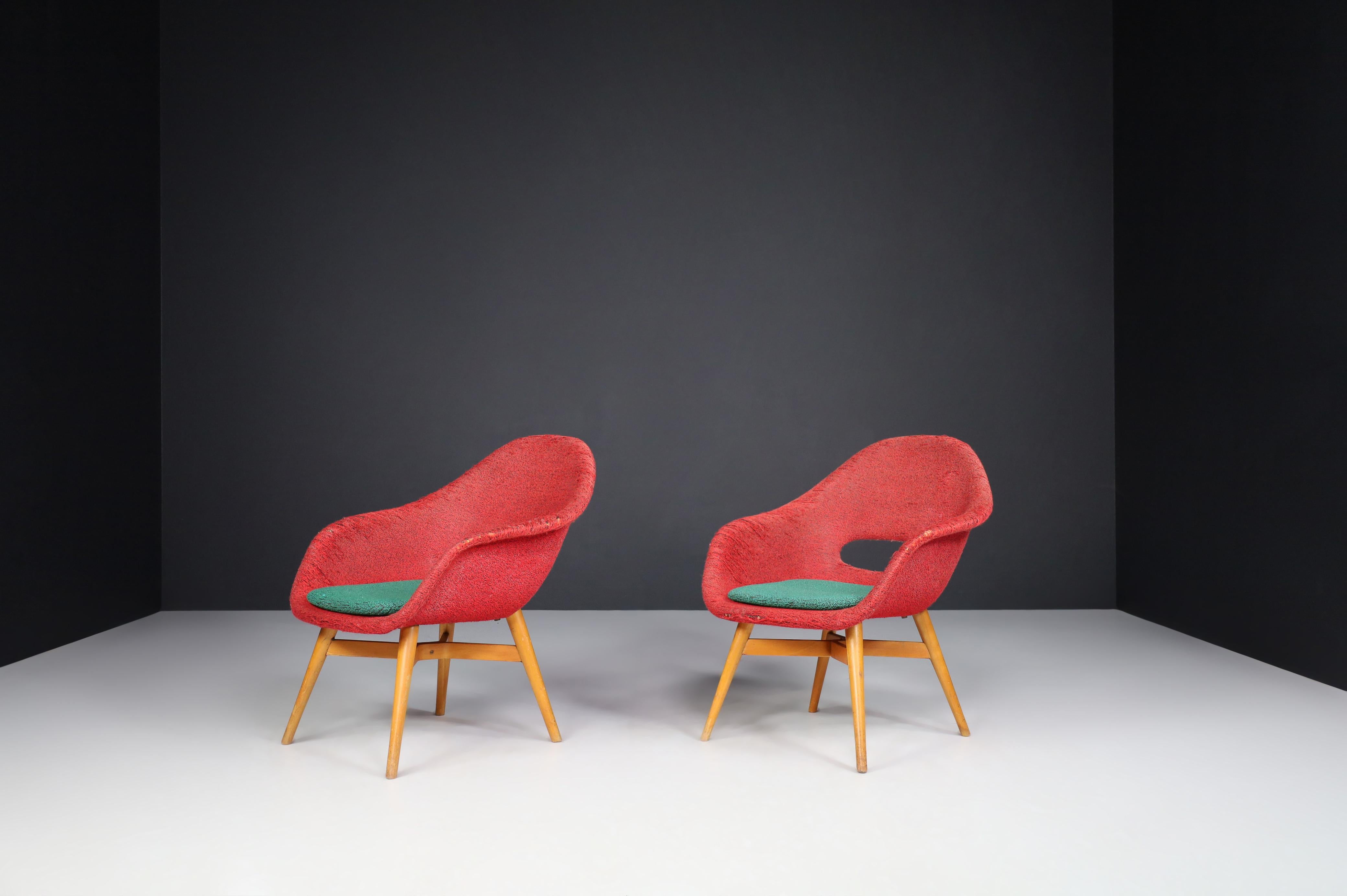 Mid-Century Modern Miroslav Navratil Easy Chairs in Original Red and Green Fabric, 1960.   For Sale