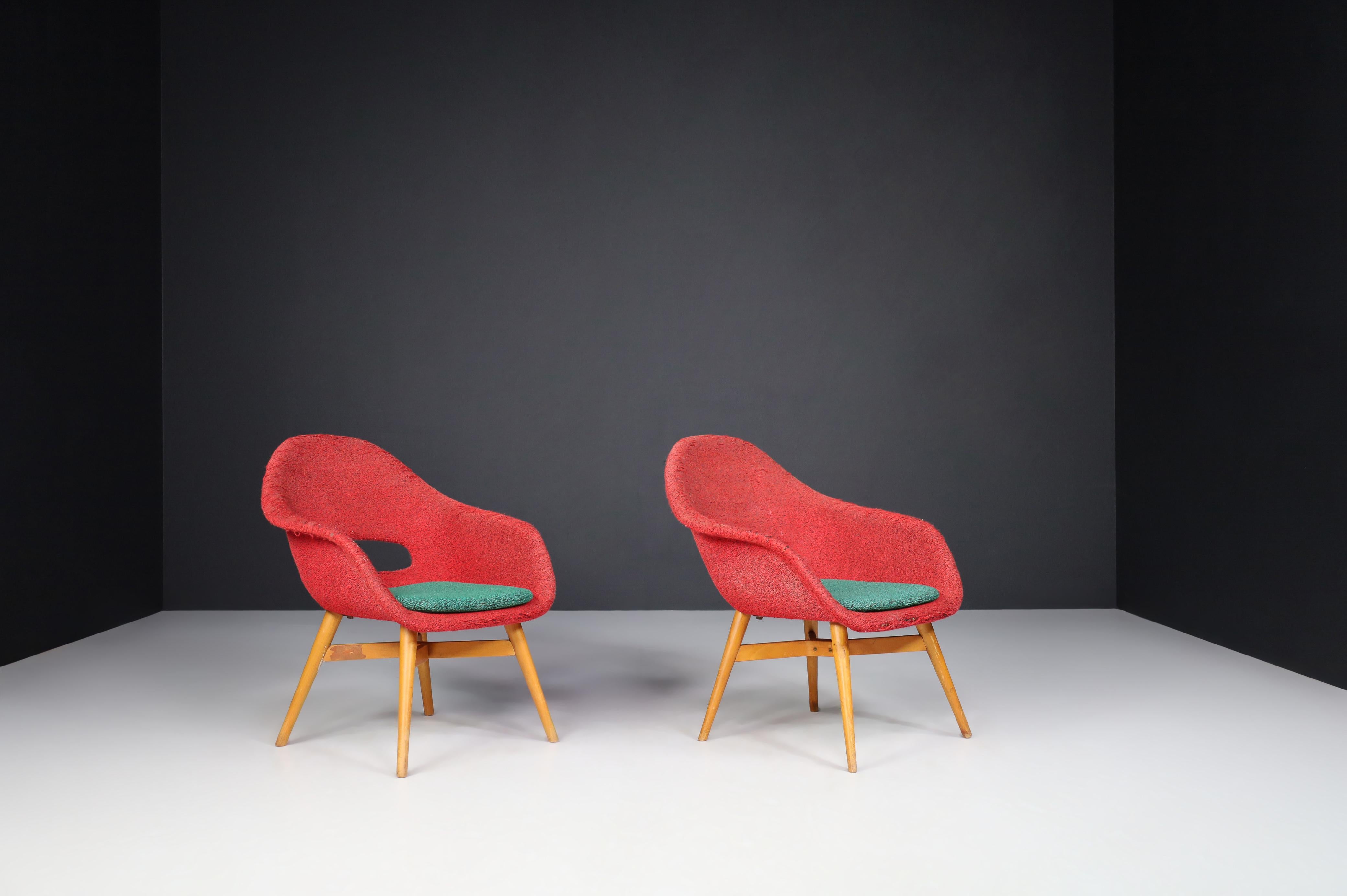 20th Century Miroslav Navratil Easy Chairs in Original Red and Green Fabric, 1960.   For Sale