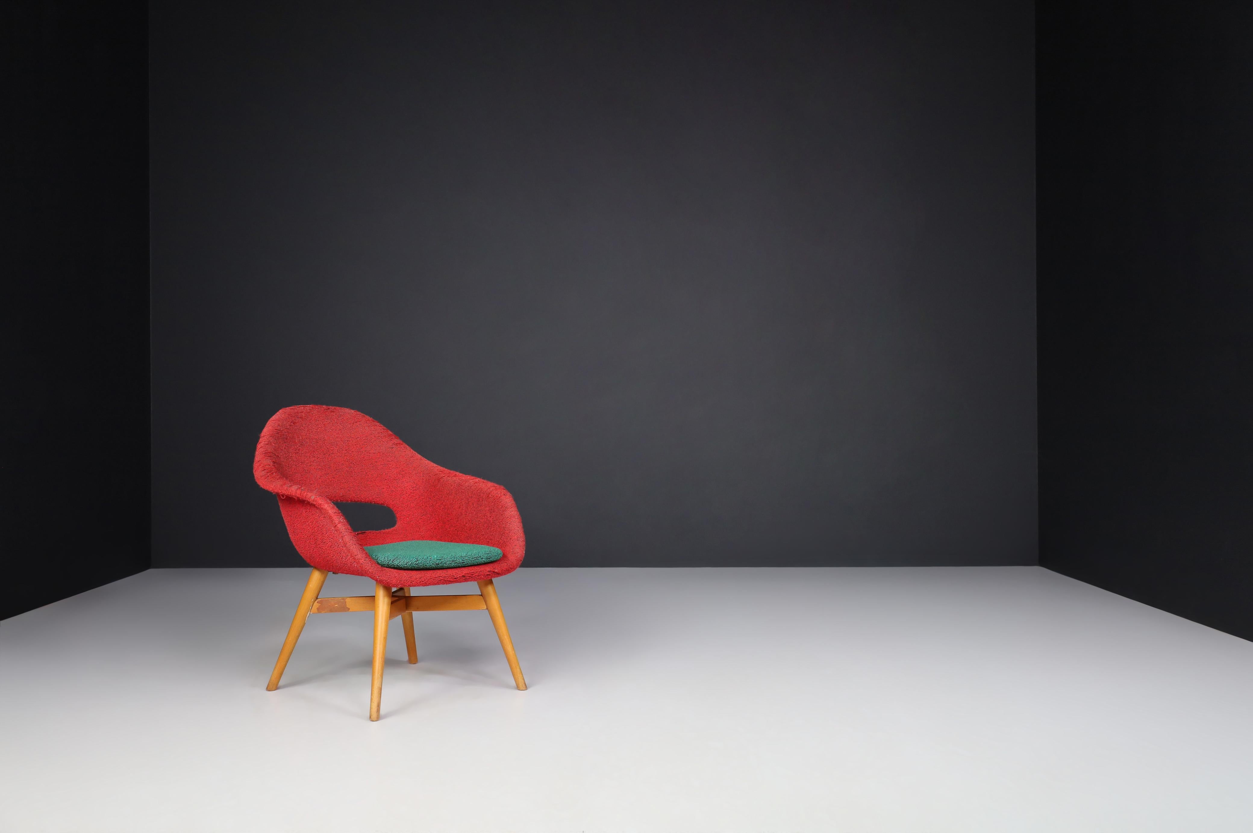 Miroslav Navratil Easy Chairs in Original Red and Green Fabric, 1960.   For Sale 1