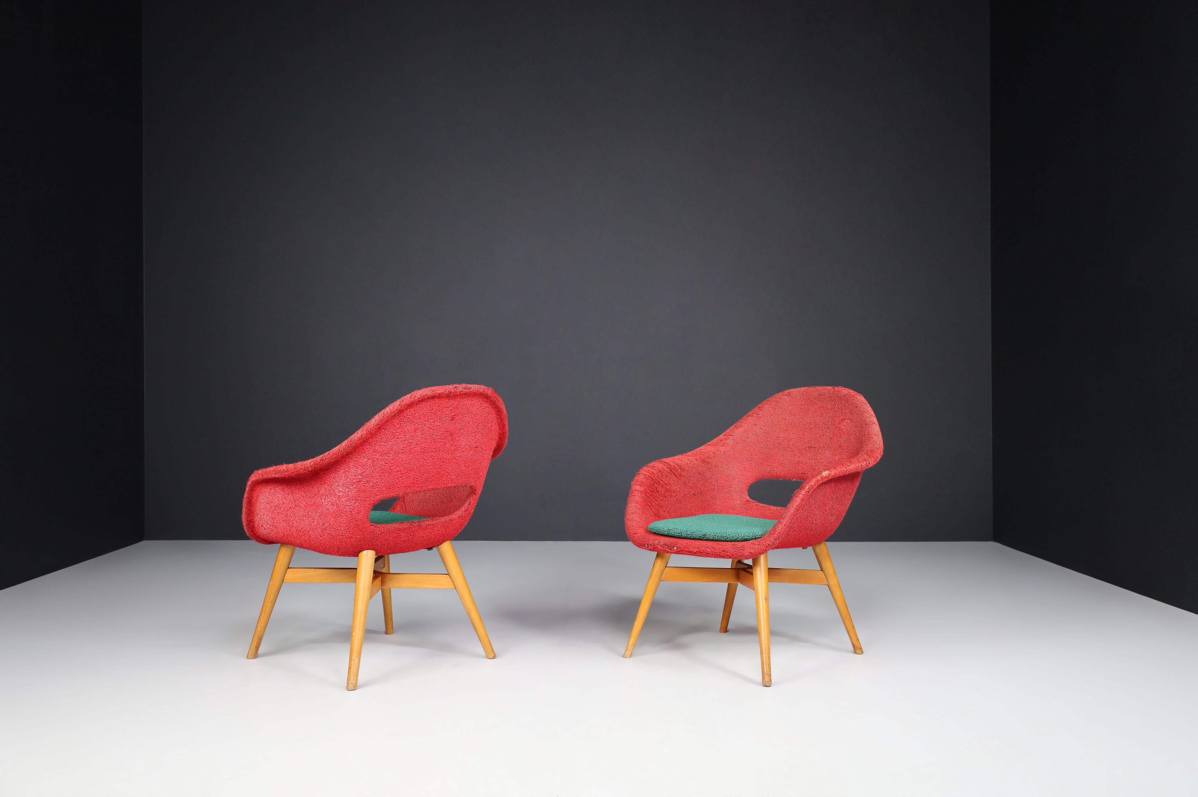Miroslav Navratil Easy Chairs in Original Red and Green Fabric, 1960.   For Sale 2