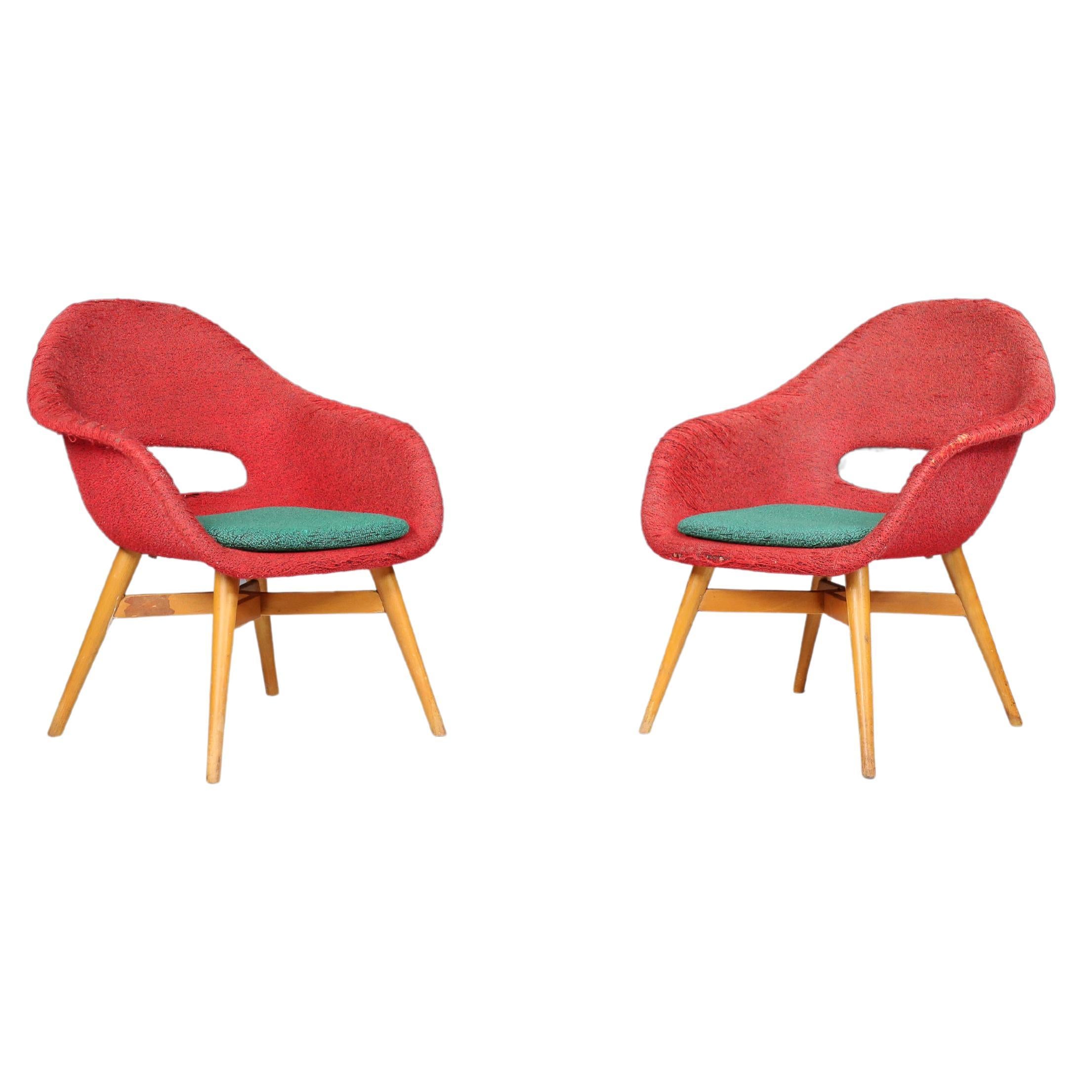 Miroslav Navratil Easy Chairs in Original Red and Green Fabric, 1960.   For Sale