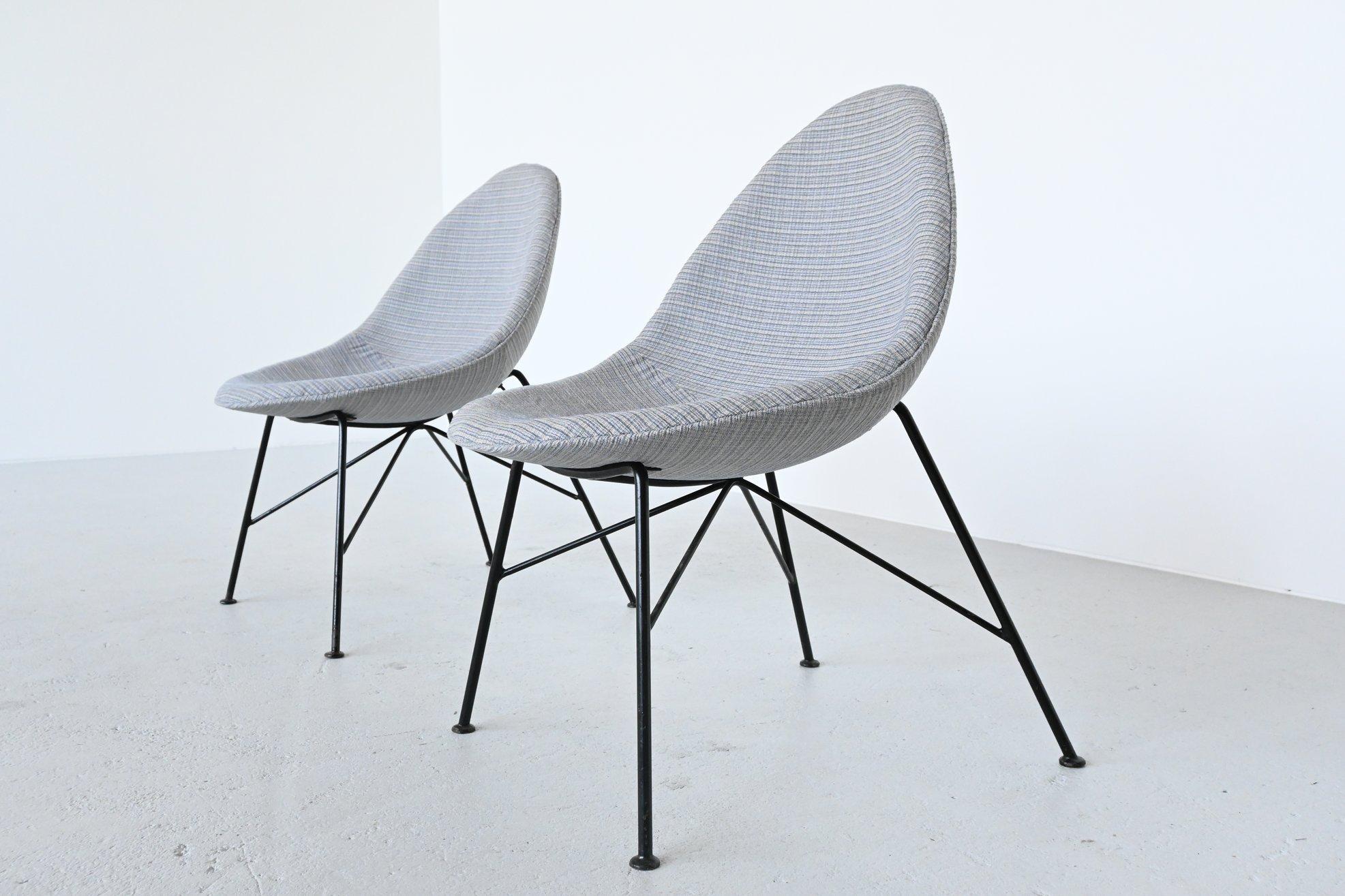 Very nice and rare set of egg fireside chairs designed by Miroslav Navratil, Czech Republic, 1950. These chairs has very nice black lacquered metal wire frames and egg shaped seats like the shell chairs from Charles and Ray Eames, but these are