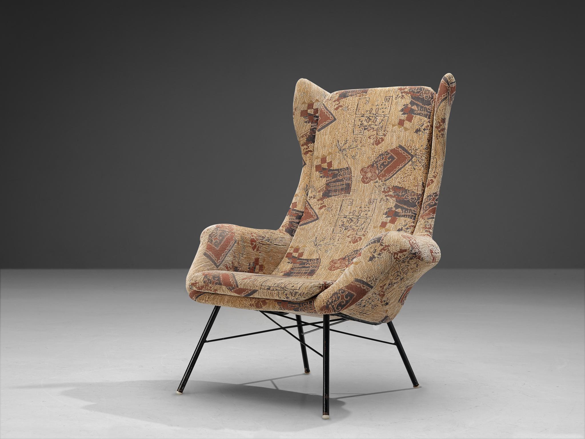 Miroslav Navratil, lounge chair, fabric, metal, Czech Republic, 1950s

This well-executed lounge chair is designed by Miroslav Navratil in his own atelier and is reupholstered in a delicate upholstery featuring abstract motifs and shapes. The colors