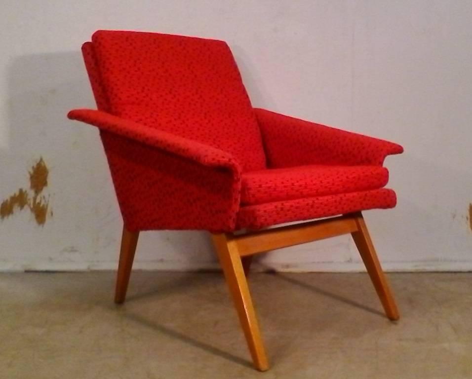 Miroslav Navratil armchair made in Czech Republic, circa 1958. The item is in good original condition included fabric upholstery. Measures: Seat height 40 cm.