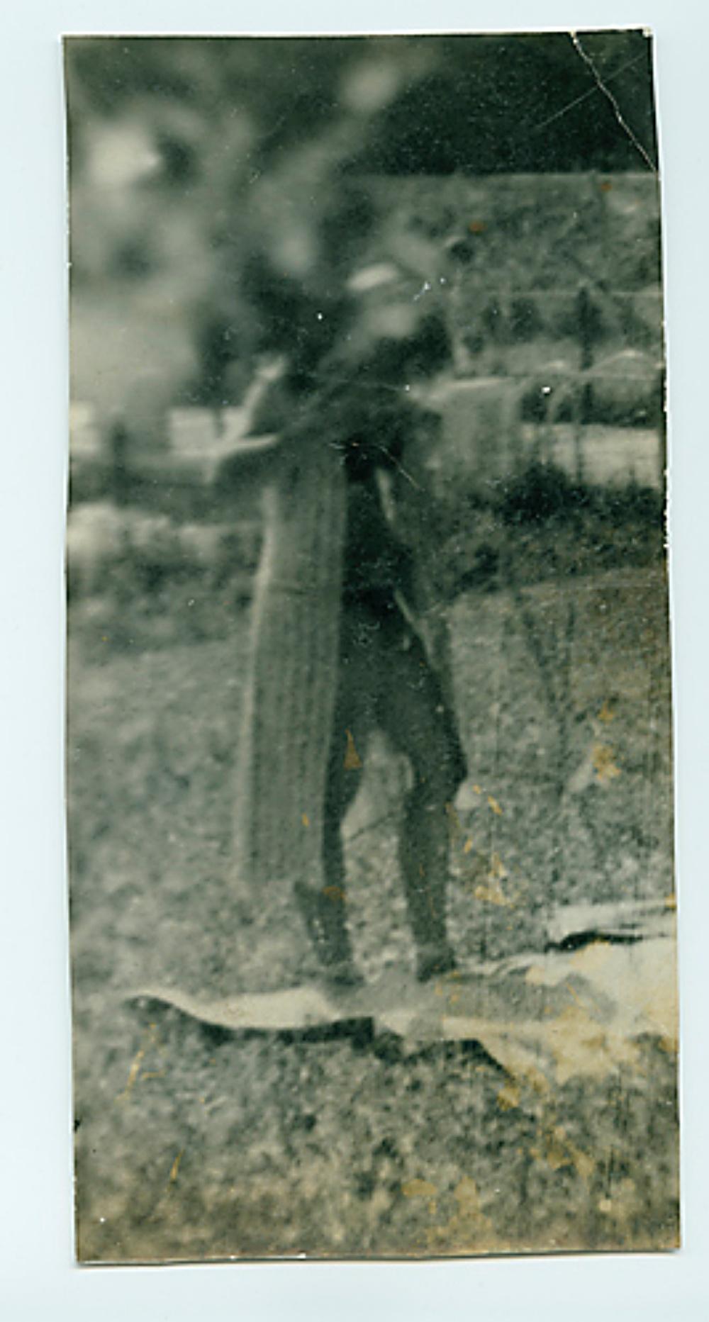 Miroslav Tichý (*1926, Czech Republic) 
Untitled, MT Inv. No 7-10-51 
Unknown, ca. 1970-1990
Silver Gelatin Print 
Sheet 16 x 8,4 cm (6 1/4 x 3 1/4 in.)
Unique
Print only

Tichý, practically reinventing photography from scratch, reconstitutes