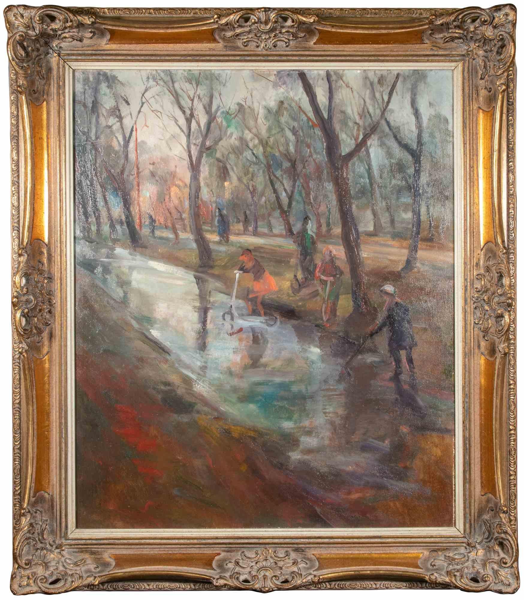 Miroslava Vrbová-Štefková Landscape Painting - Children Playing in the Park - Oil Paint by Miroslava Vrbová - mid-20th Century