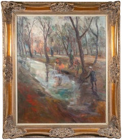 Children Playing in the Park - Oil Paint by Miroslava Vrbová - mid-20th Century