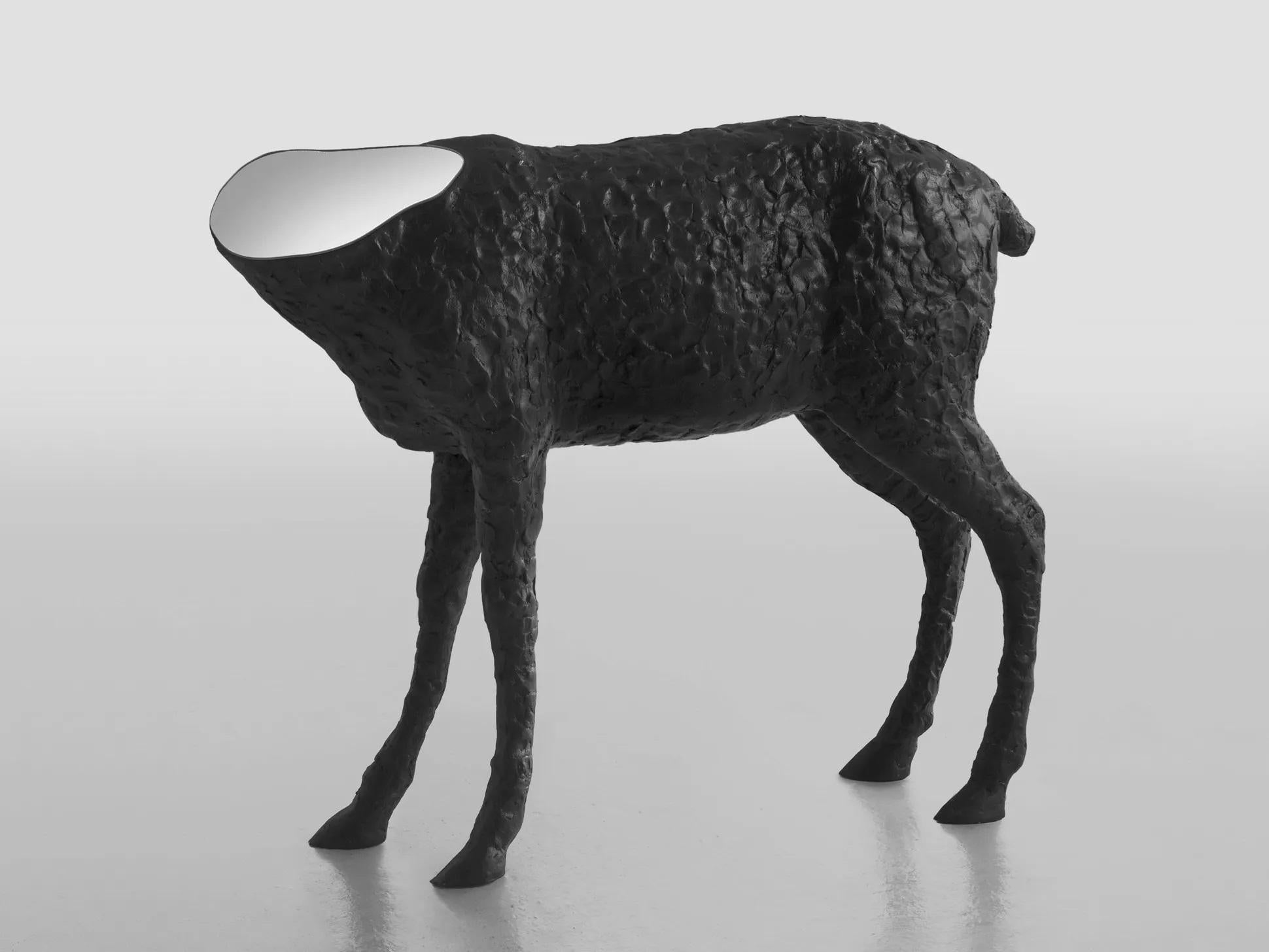Mirroe sculptured mirror by Imperfettolab
Dimensions: W 110 x D 32 x H 90 cm
Materials: Fiberglass, mirror
Available in 2 colors: black, white.
 
A mirror that seems to come from a dream in which creatures of the animal world and symbolic