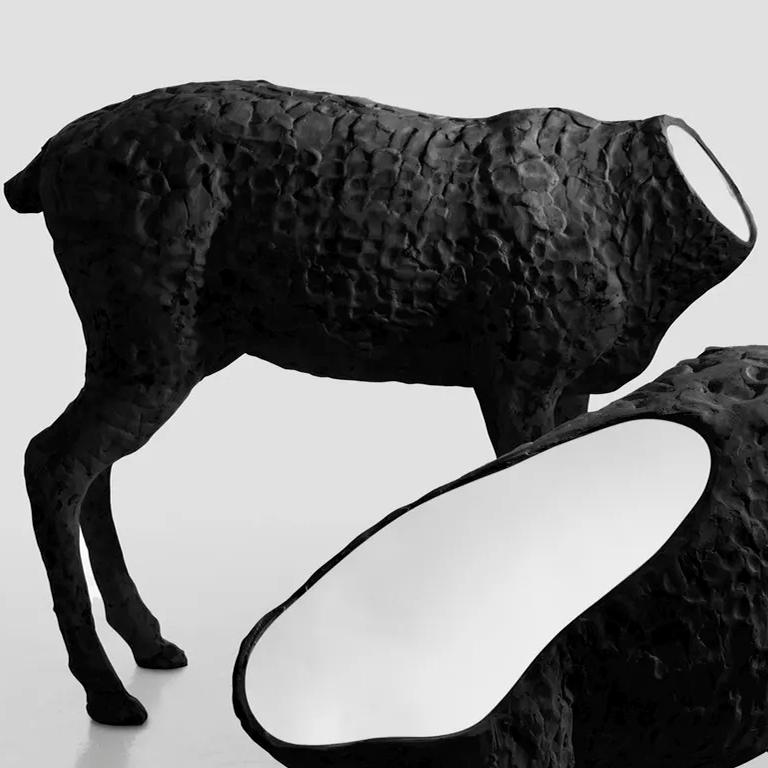 Mirroe sculptured mirror by Imperfettolab
Dimensions: W 110 x D 32 x H 90 cm
Materials: Fiberglass, mirror
Available in 2 colors: black, white.
 
A mirror that seems to come from a dream in which creatures of the animal world and symbolic