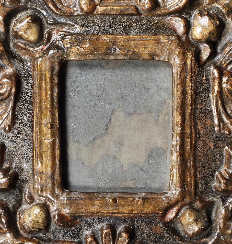Mirror, 17th Century, Small, Spanish, Gilded, Papier Mache, Original Plate For Sale 1