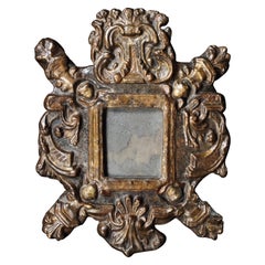 Antique Mirror, 17th Century, Small, Spanish, Gilded, Papier Mache, Original Plate