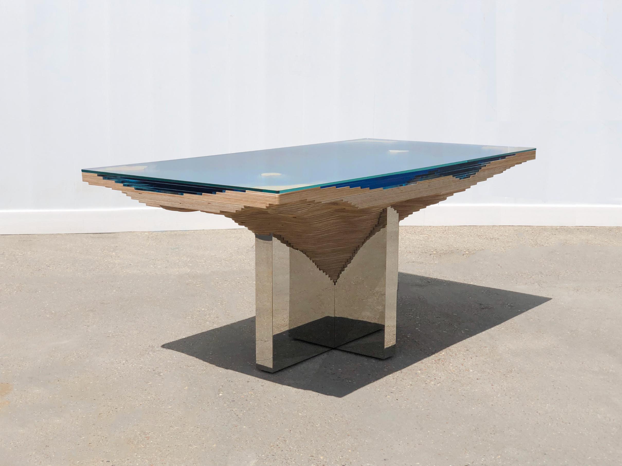 Mirror Abyss Dining Table by Duffy London.
Limited edition.
Dimensions: W 180 x D 90 x H 75 cm.
Materials: birch, glass, steel.
Also available: base section in brushed steel, mirror-polished stainless steel in gold, silver or rose-gold.

The