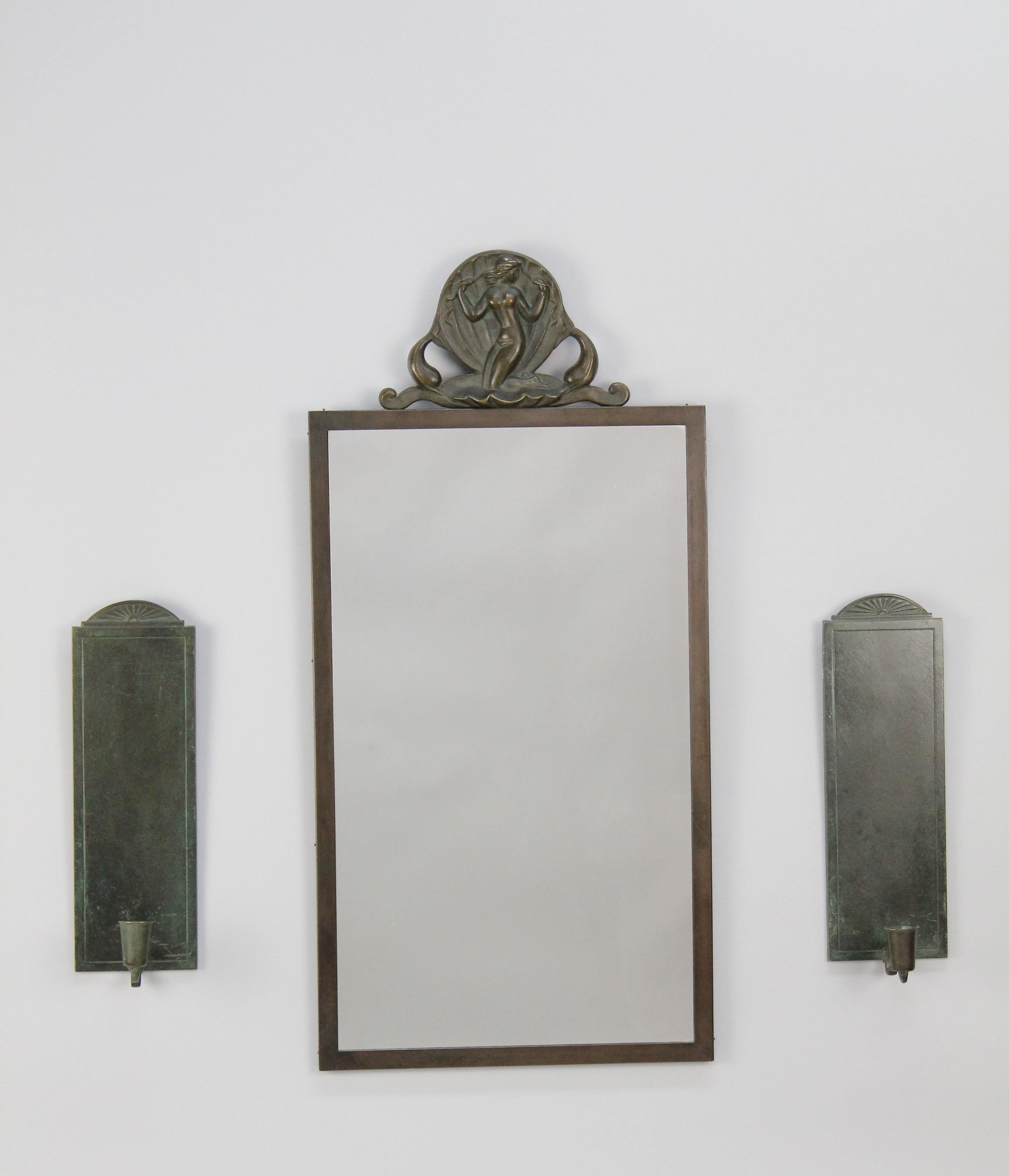 Miroir et paire d'appliques, Oscar Antonsson pour Ystad Brons, Suède, années 1930. Bon état - En vente à Skanninge, SE