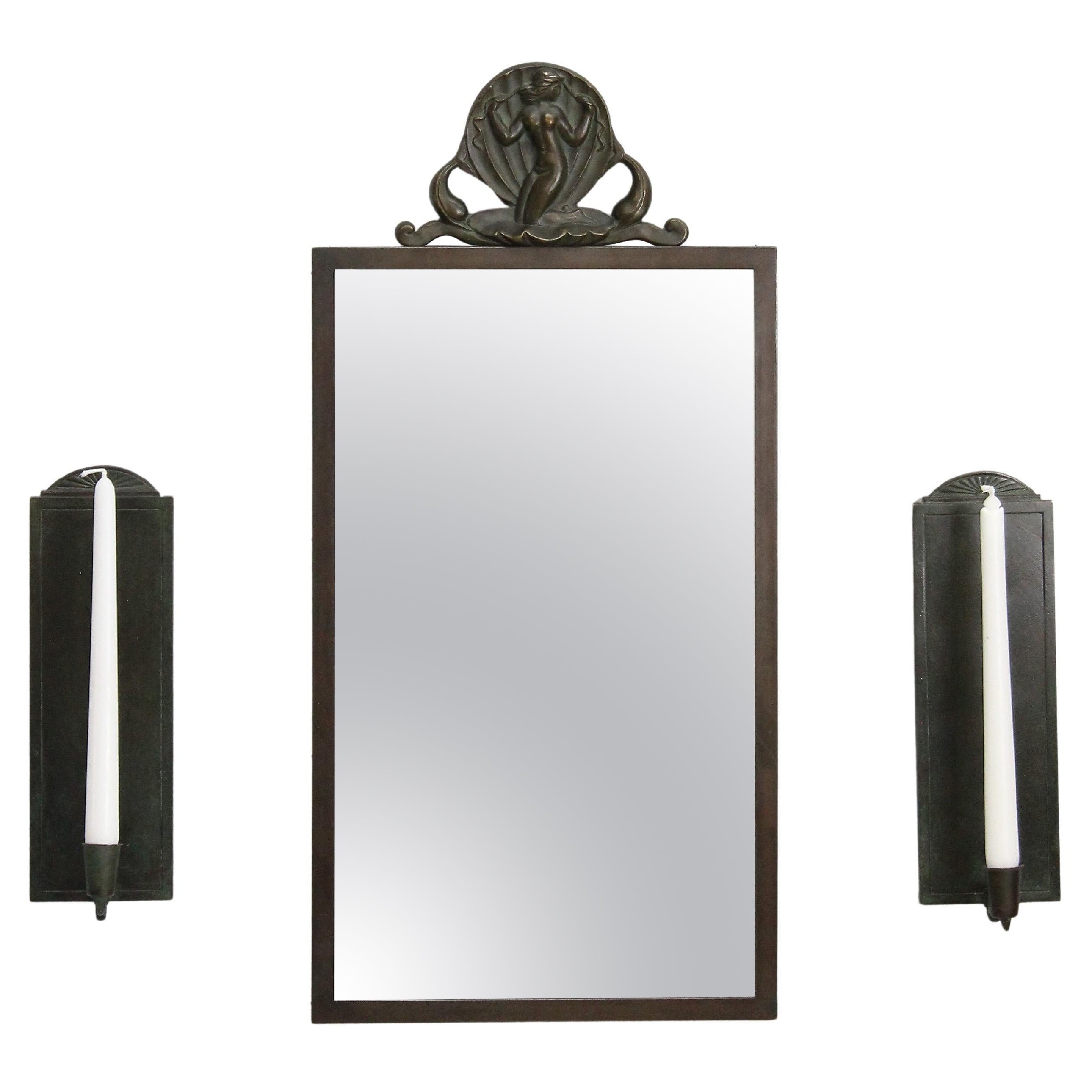 Mirror and a Pair of Scones, Oscar Antonsson for Ystad Brons, Sweden, 1930s