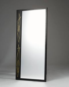 Mid Century Wall Rectangular Mirror 1950s Black Lacquered Detail Brass Detail