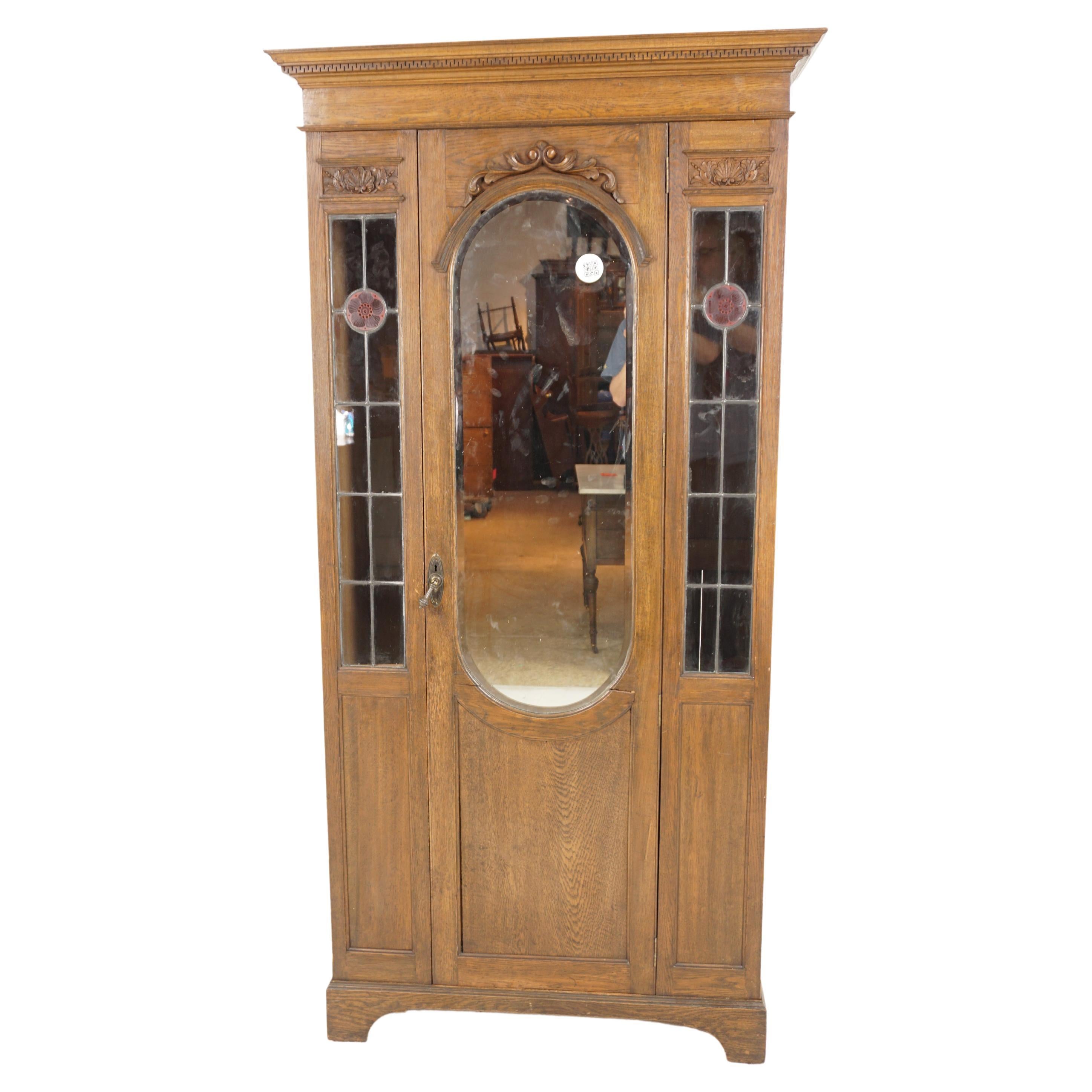  Mirror Back Hall Armoire, Wardrobe, Closet, Leaded Glass, Scotland 1910, H247