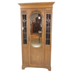 Mirror Back Hall Armoire, Wardrobe, Closet, Leaded Glass, Scotland 1910, H247