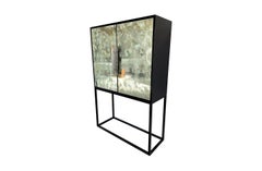 Modern Mirror  Dry Bar with Black Lacquer and Selenite Handles by Ercole Home