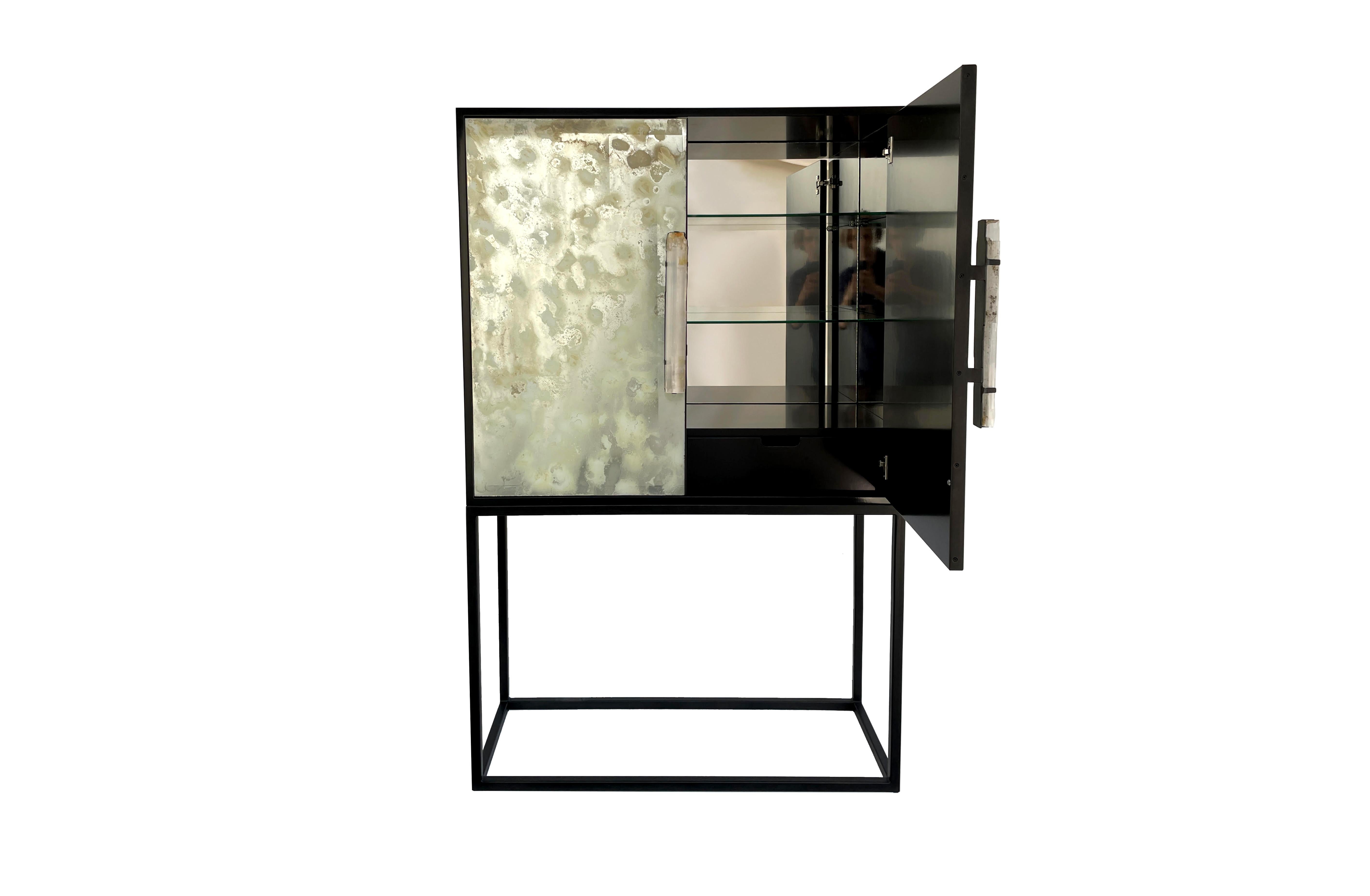 American Modern Mirror Bar Cabinet with Black Lacquer and Selenite Handles by Ercole Home For Sale
