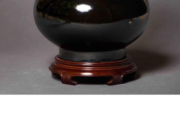 Fired Mirror Black Glazed Vase with Mark on Bottom For Sale