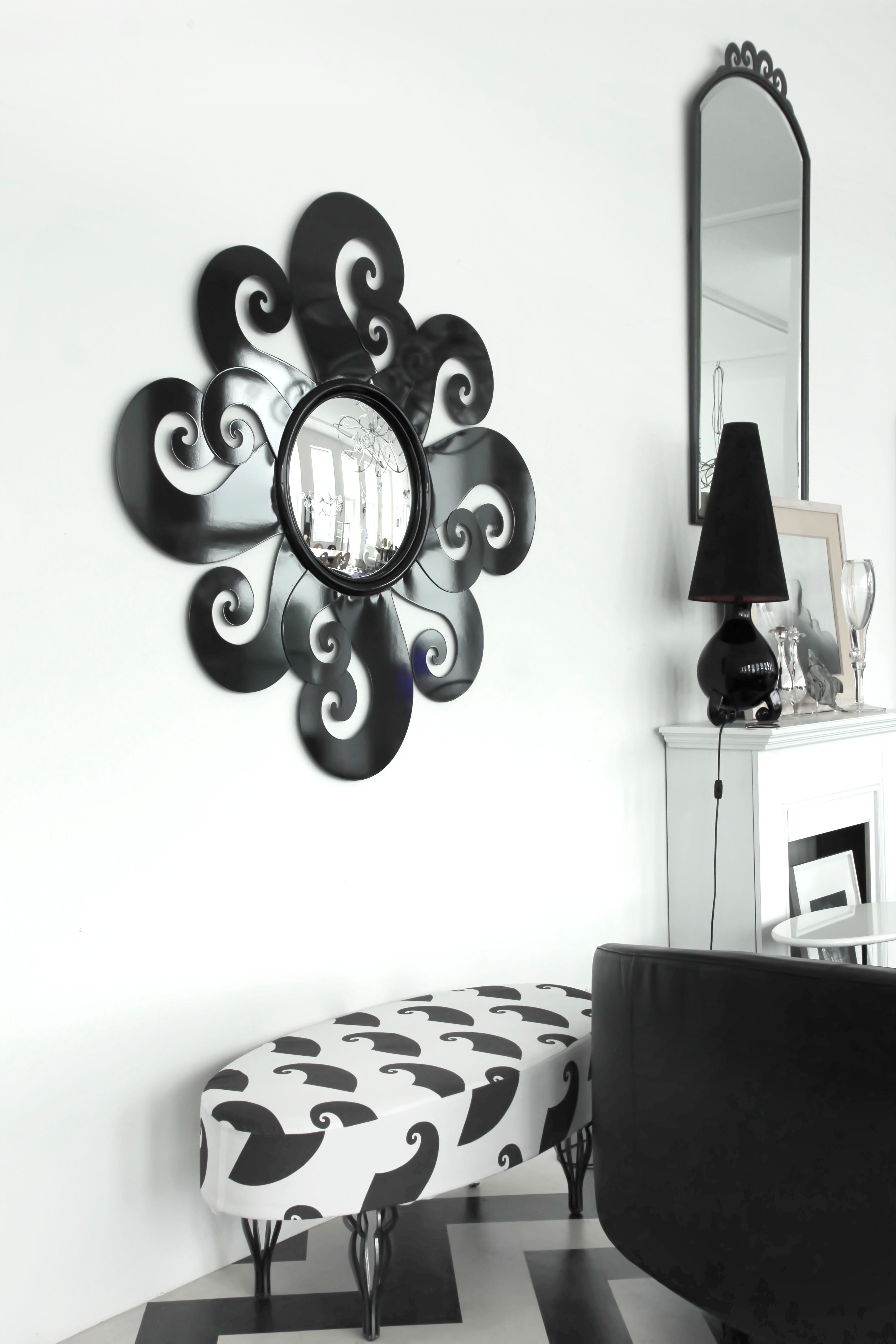 Only two pieces made, hand made one of a kind mirror. Mirror glass diameter 45cm, complete object 130cm.