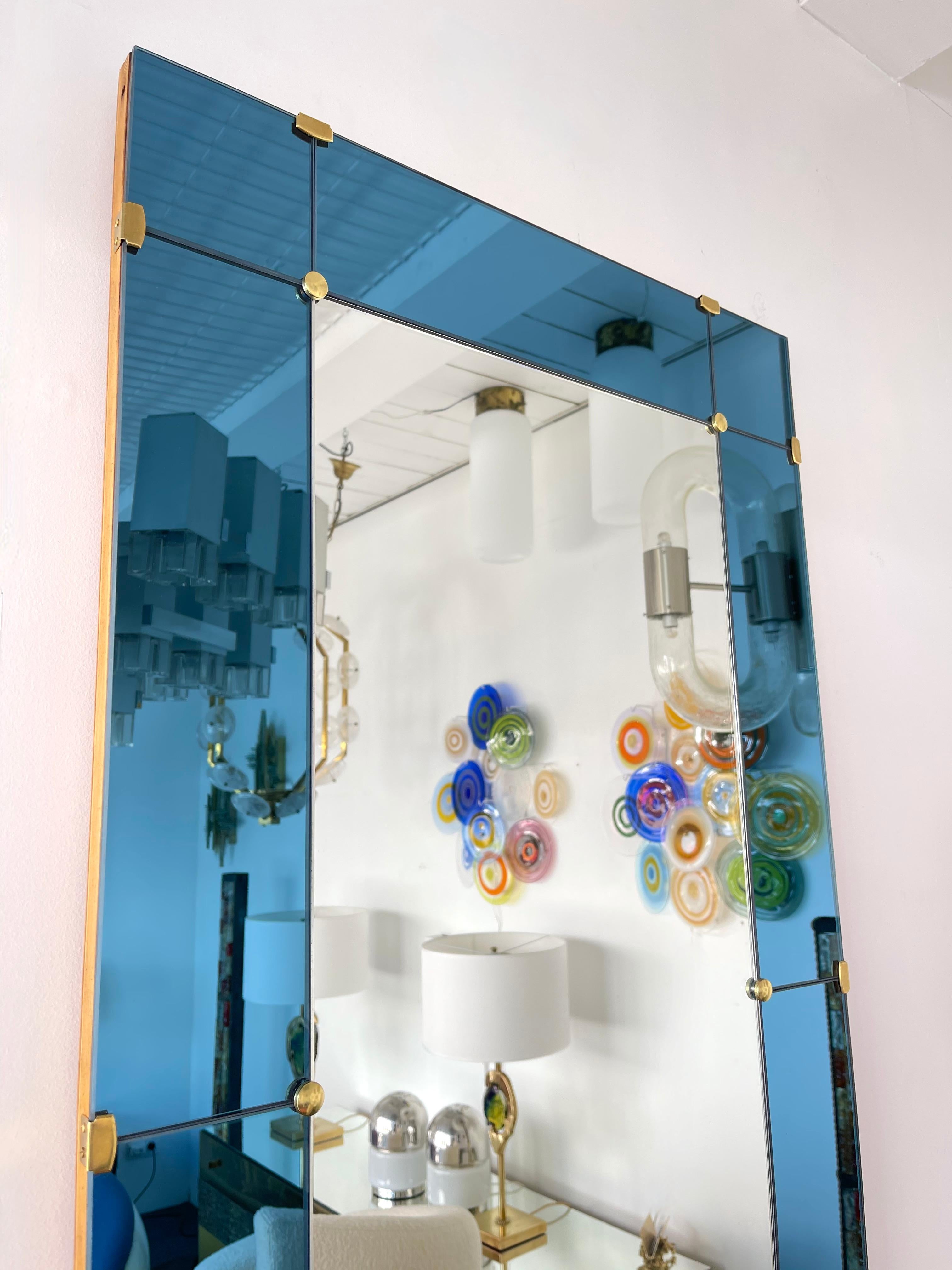 Mid-Century Modern Mirror Blue and Brass by Cristal Art, Italy, 1960s