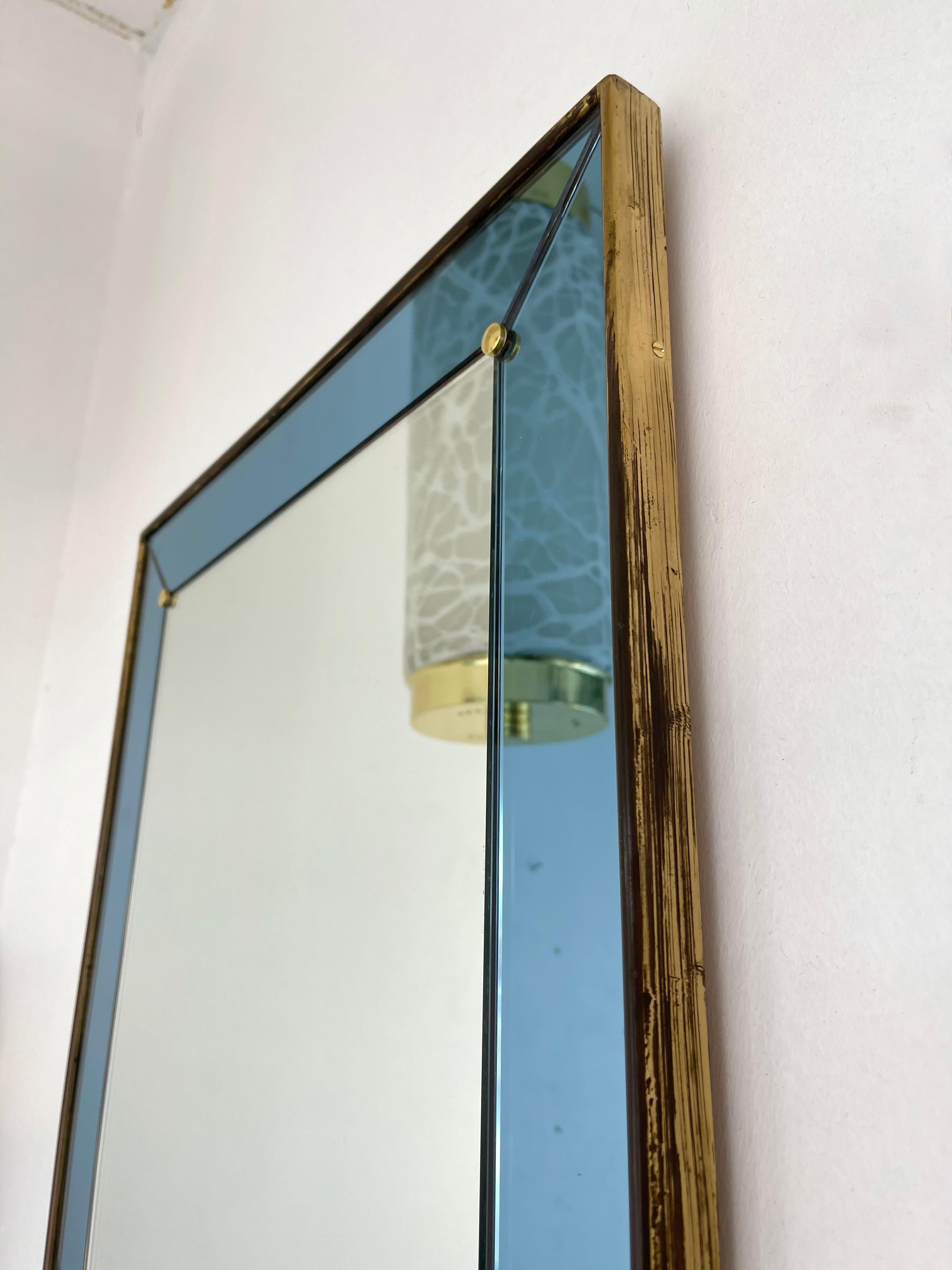 Mid-Century Modern Mirror Blue and Brass by Cristal Art, Italy, 1960s